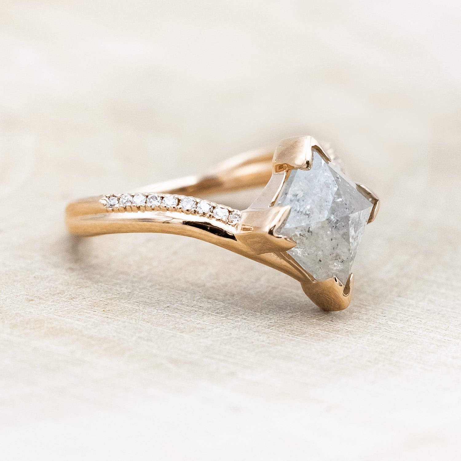 ONE-OF-A-KIND - "AURELIA" - LOZENGE ROSE CUT SALT & PEPPER DIAMOND ENGAGEMENT RING WITH DIAMOND ACCENTS-Staghead Designs