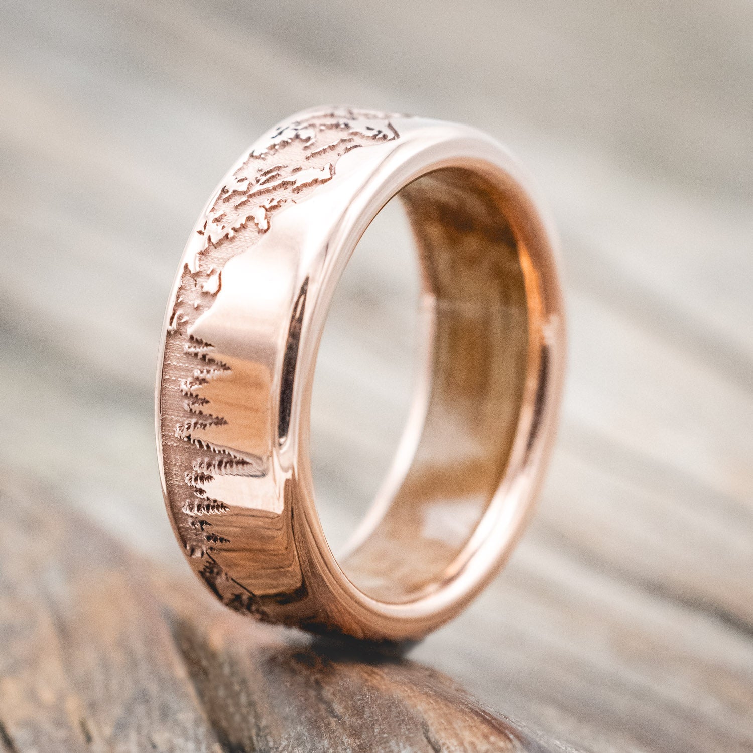"ROSS" - MOUNTAIN & FOREST ENGRAVED WEDDING BAND WITH WHISKEY BARREL OAK LINING-Staghead Designs