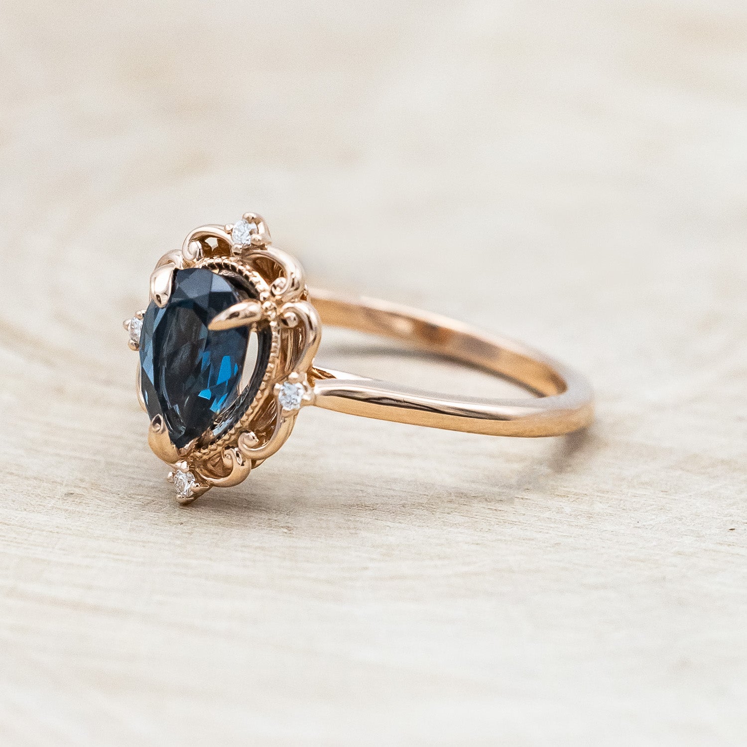 "VERA" - PEAR SHAPED LONDON BLUE TOPAZ ENGAGEMENT RING WITH DIAMOND ACCENTS-Staghead Designs
