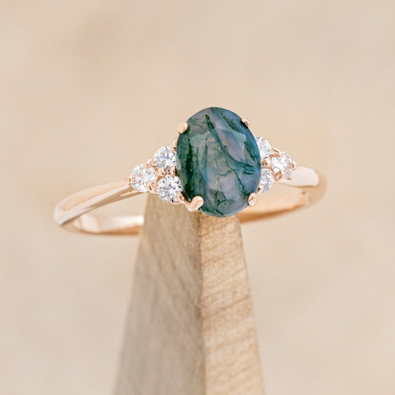 "RHEA" - OVAL MOSS AGATE ENGAGEMENT RING WITH DIAMOND ACCENTS - EXPEDITED-1