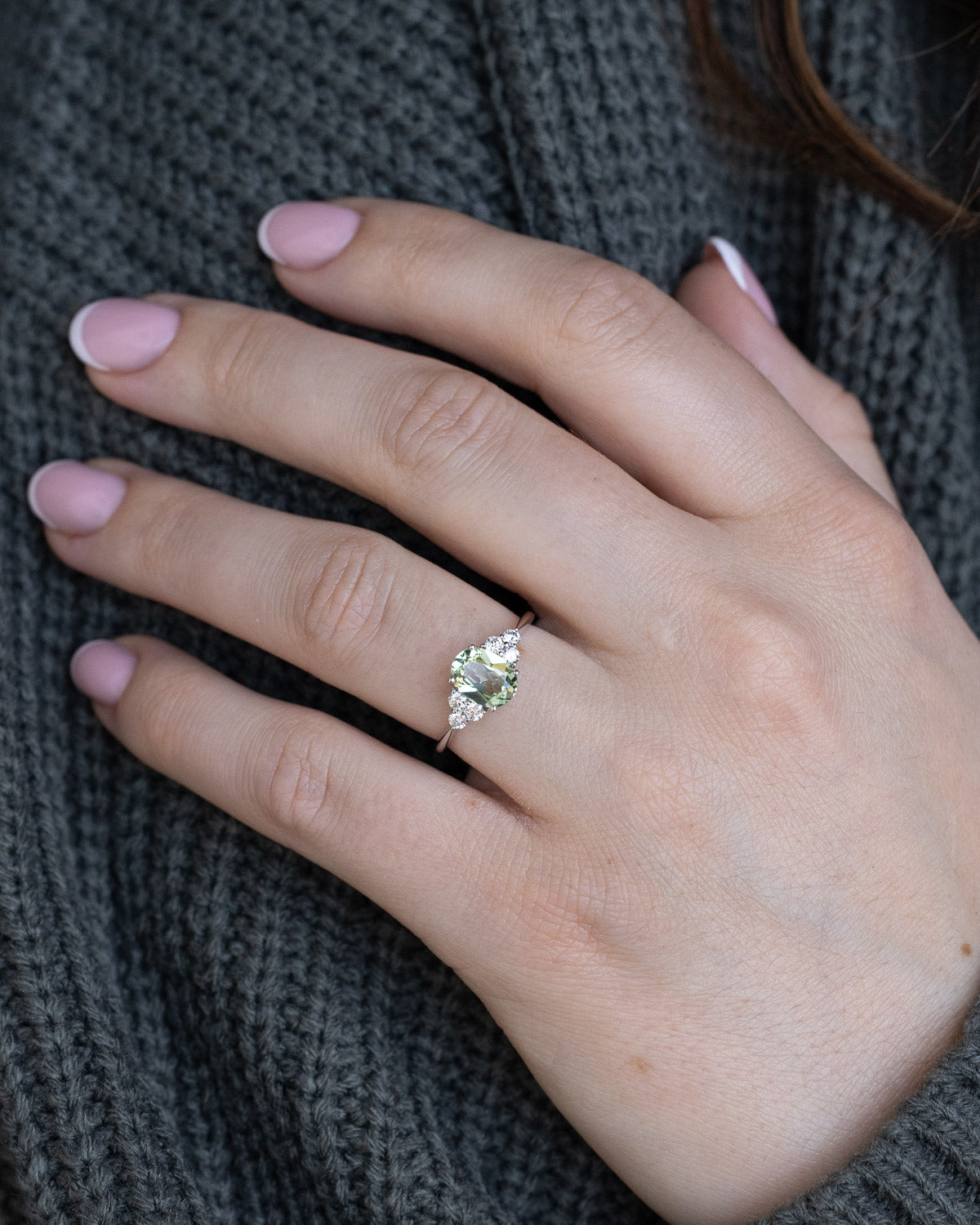 "RHEA" - OVAL CUT LAB-GROWN GREEN SAPPHIRE ENGAGEMENT RING WITH DIAMOND ACCENTS-Staghead Designs