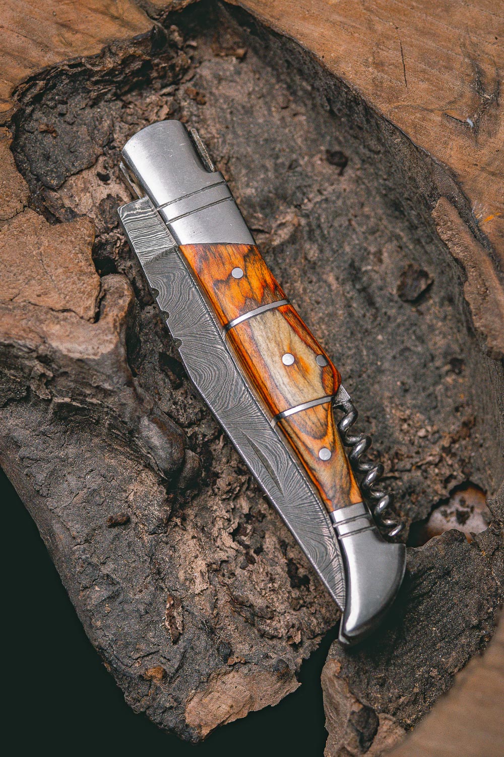 "RHONE RANGERS" - HANDMADE DAMASCUS STEEL FOLDING KNIFE WITH WINE CORKSCREW by Forseti Steel™-1