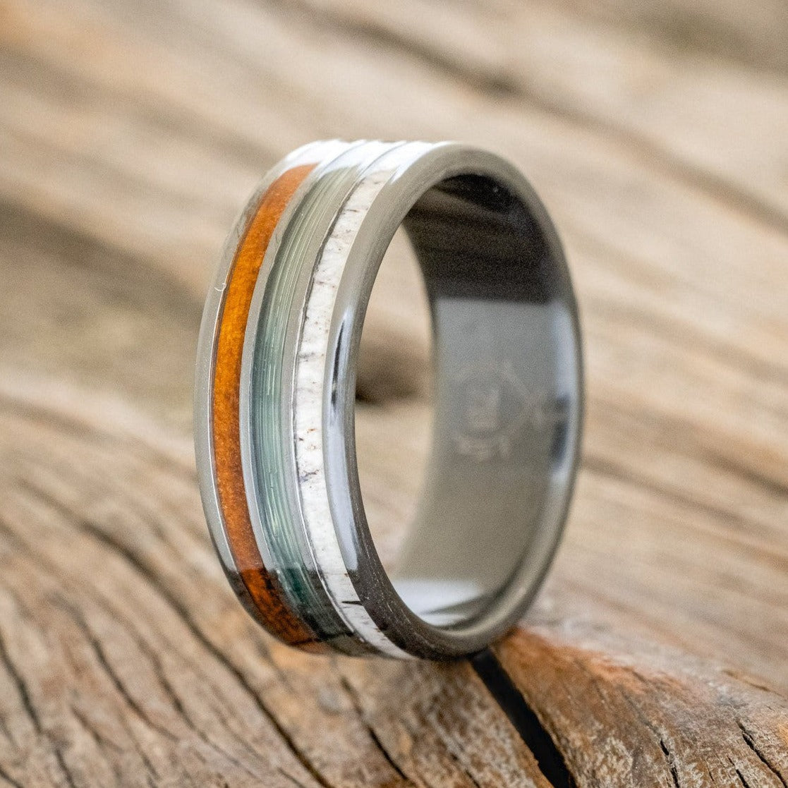 "RIO" - ANTLER, IRONWOOD & GREY FISHING LINE WEDDING BAND-1