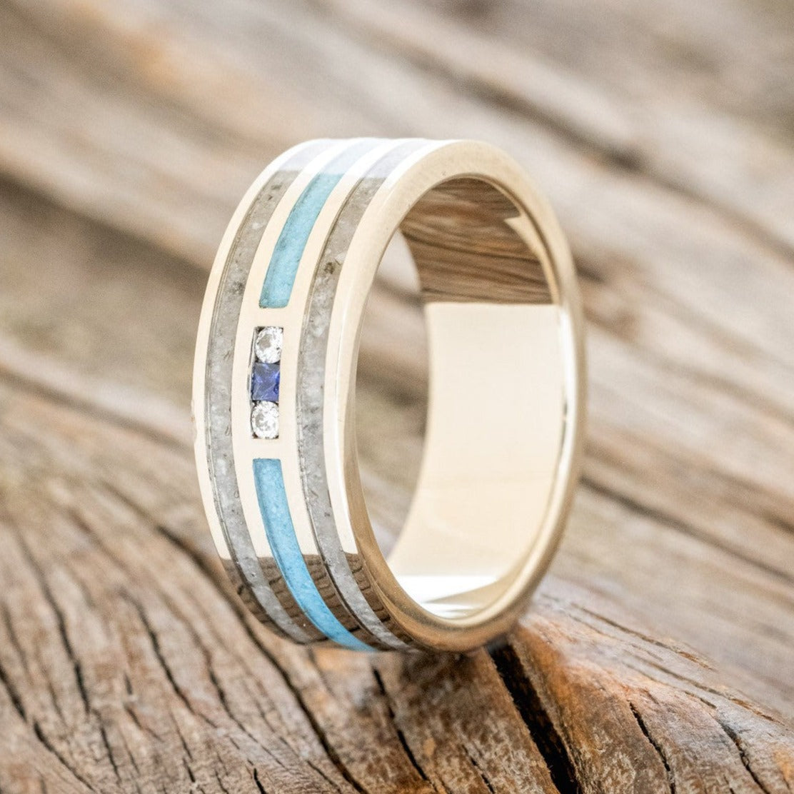 NEED PRICE "Rio" - Genuine Blue Sapphire, Diamonds, Turquoise & Moonstone Wedding Band - 14K White Gold (8mm) - Size 6 3/4-Staghead Designs