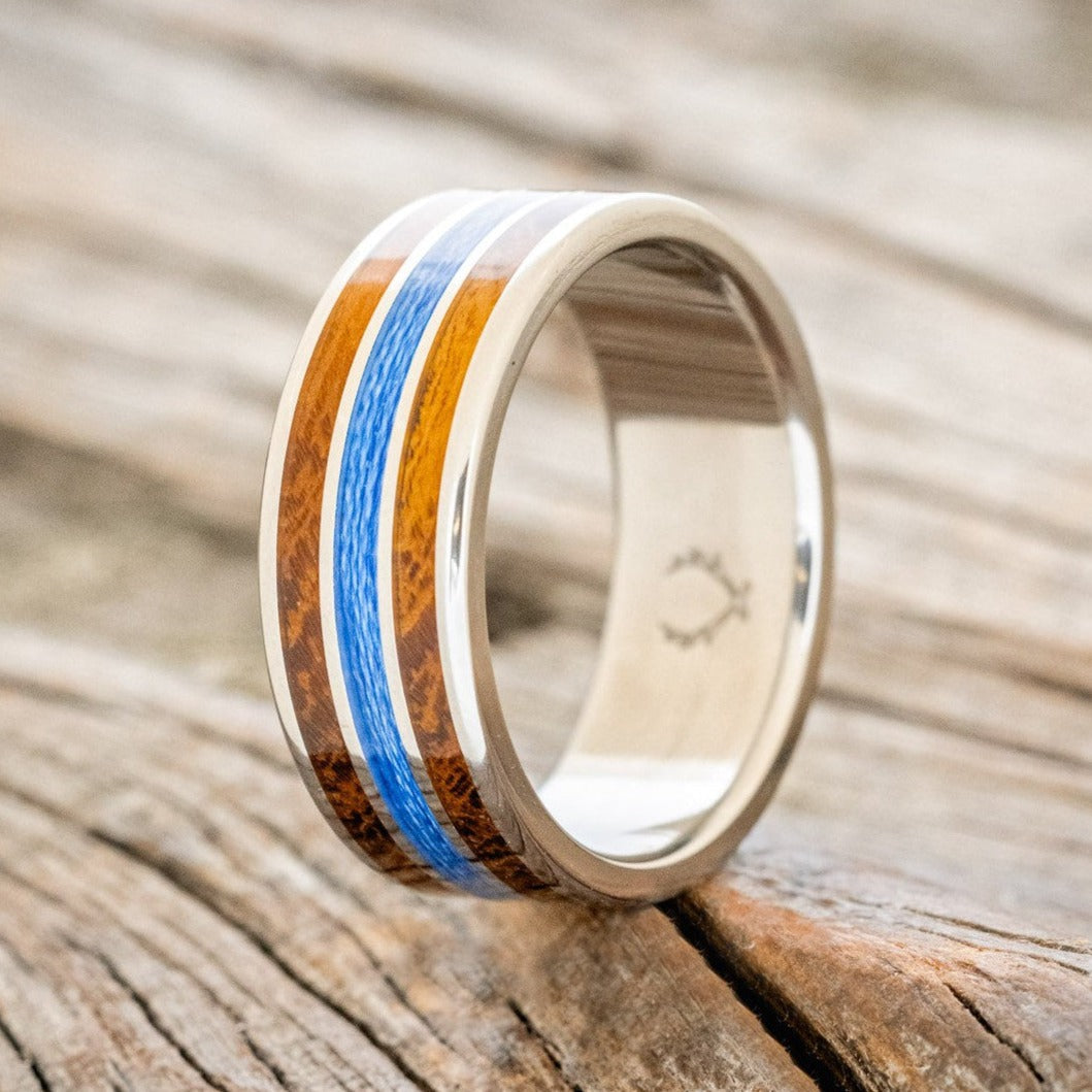 "RIO" - IRONWOOD & BLUE FISHING LINE WEDDING BAND-1
