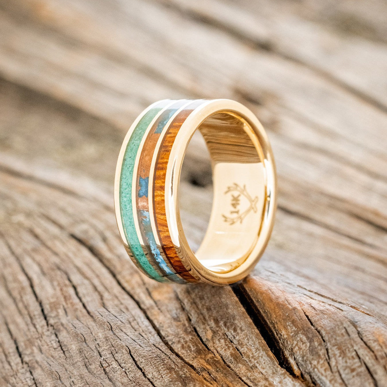 "RIO" - IRONWOOD, PATINA COPPER & MALACHITE WEDDING BAND-1