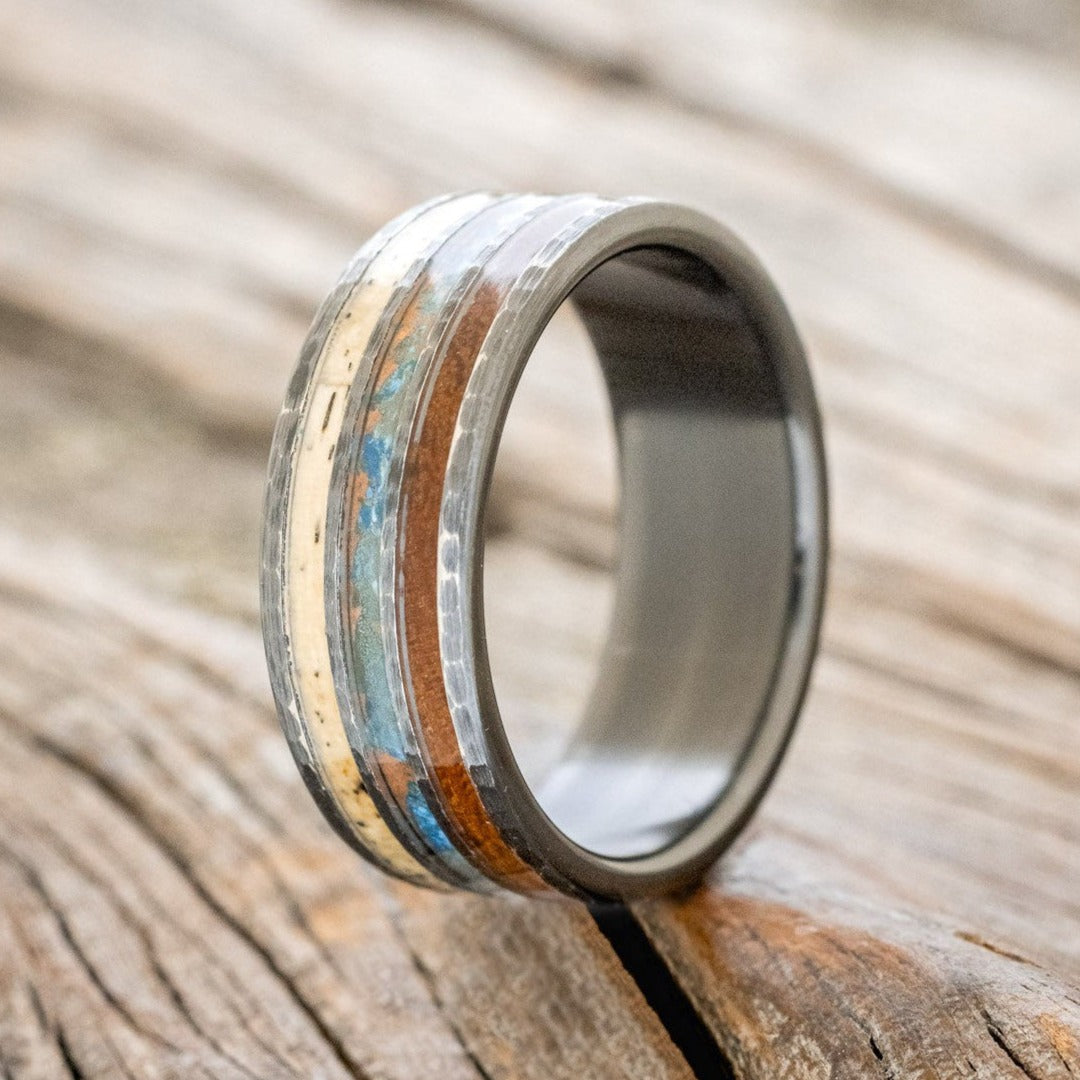"RIO" - IRONWOOD, PATINA COPPER, & SPALTED MAPLE WEDDING BAND WITH A HAMMERED FINISH-1