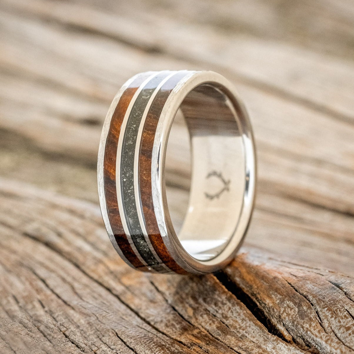 "RIO" - IRONWOOD & PYRITE INLAYS WEDDING BAND WITH HAMMERED EDGES-1