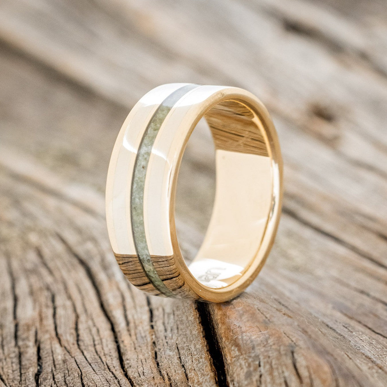 "RIO" - MOLDAVITE & 14K GOLD INLAYS WEDDING RING FEATURING A 14K GOLD BAND-1