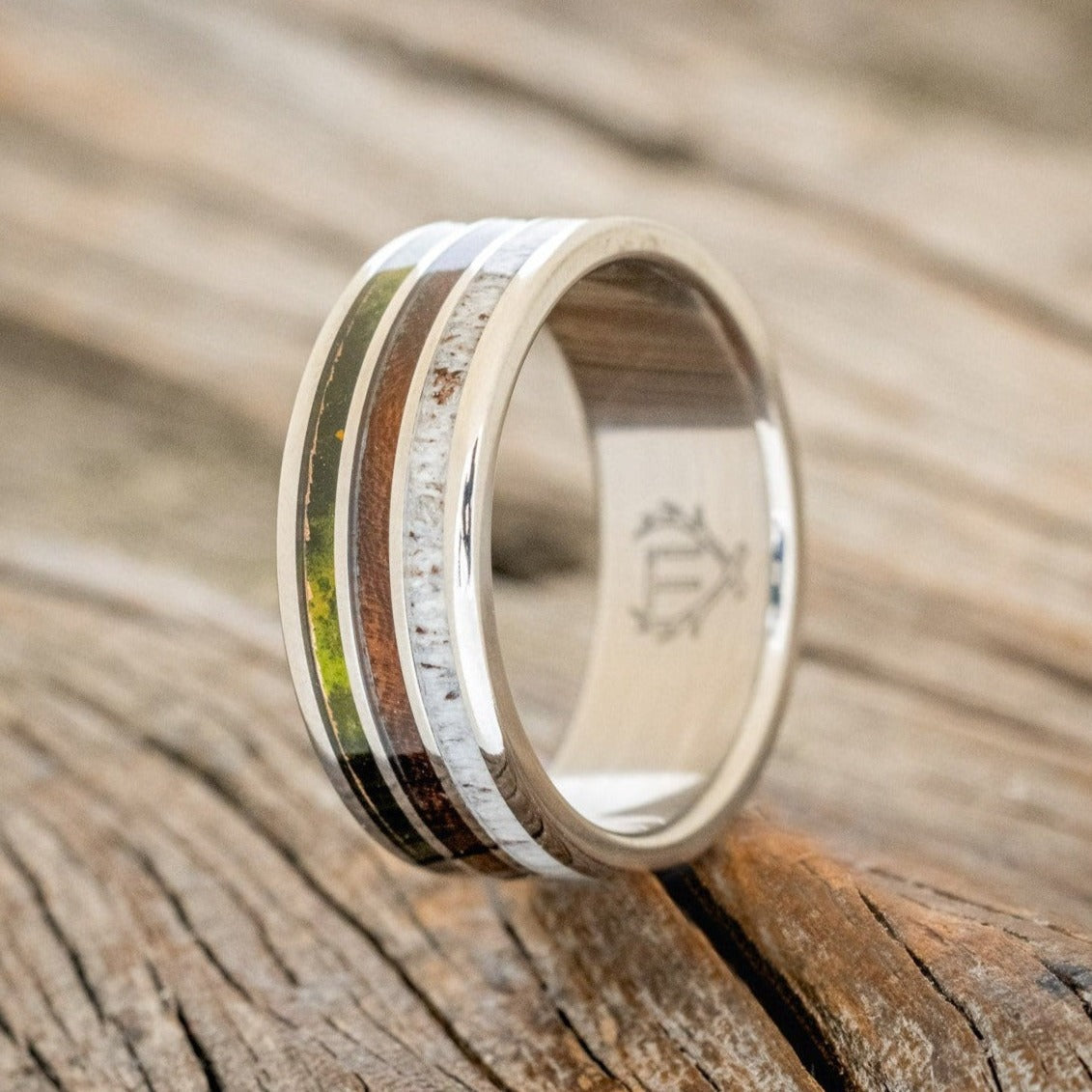 "RIO" - MOSSY PATINA COPPER, ANTLER & IRONWOOD WEDDING BAND-1