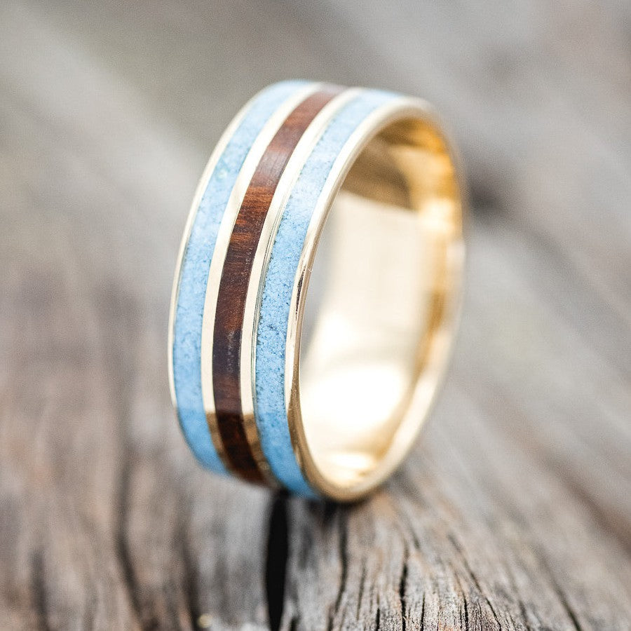 "RIO" - TURQUOISE & IRONWOOD WEDDING RING FEATURING A 14K GOLD BAND-1