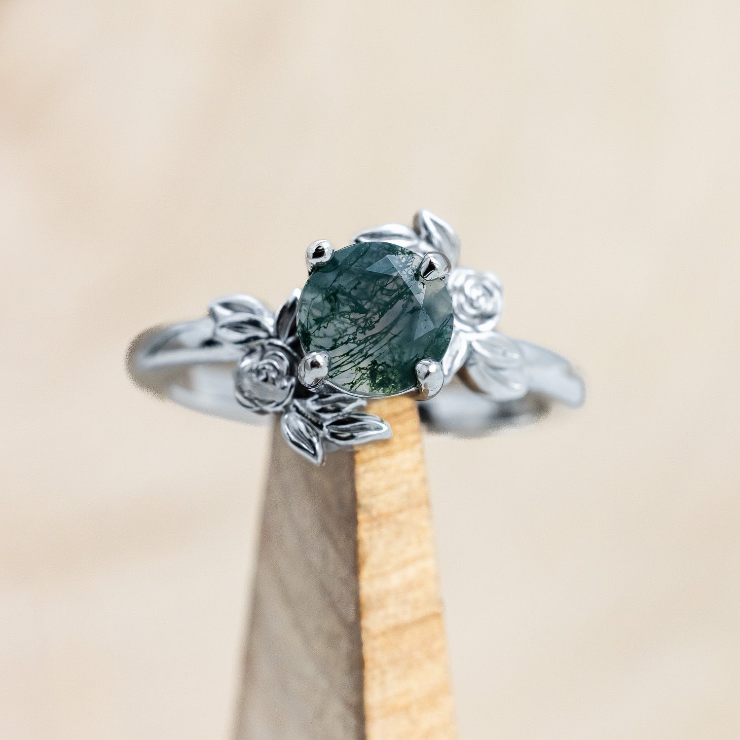 "ROSA" - ROUND CUT MOSS AGATE ENGAGEMENT RING WITH FLOWER ACCENTS-Staghead Designs