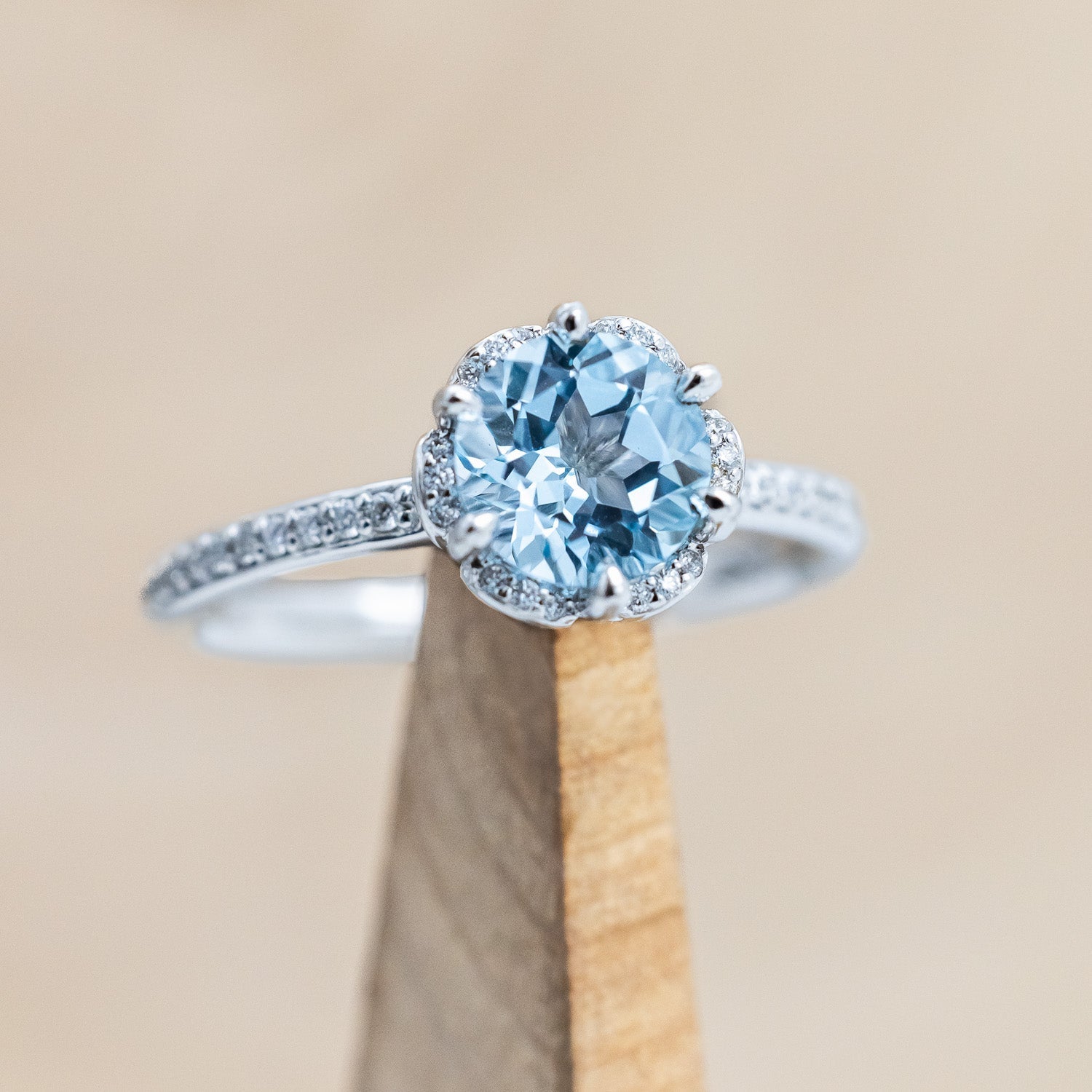 "ROSALIE" - ROUND CUT SKY BLUE TOPAZ ENGAGEMENT RING WITH DIAMOND HALO & ACCENTS-Staghead Designs