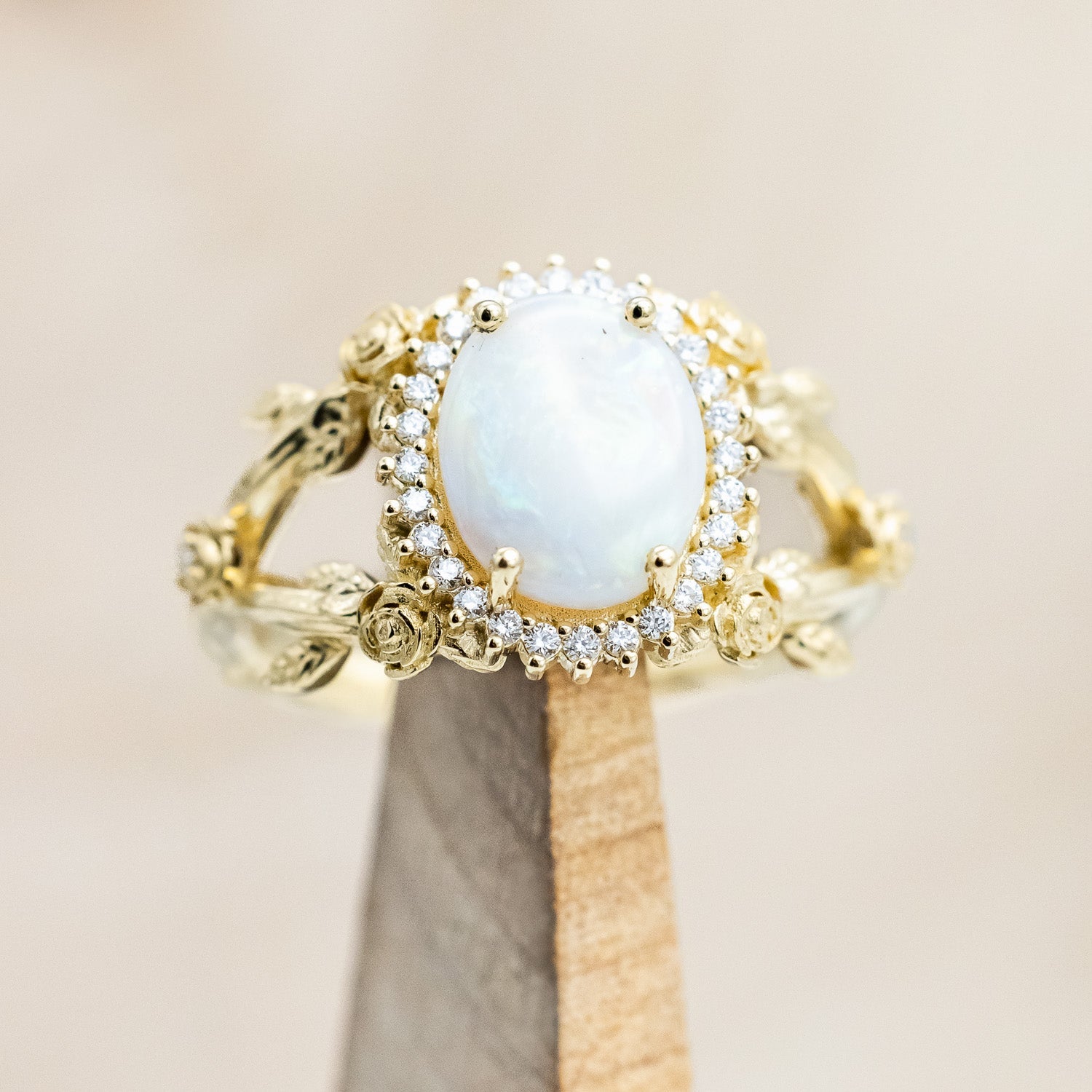 "ROSELLE" - OVAL CUT AUSTRALIAN OPAL ENGAGEMENT RING WITH DIAMOND & ROSE ACCENTS-Staghead Designs