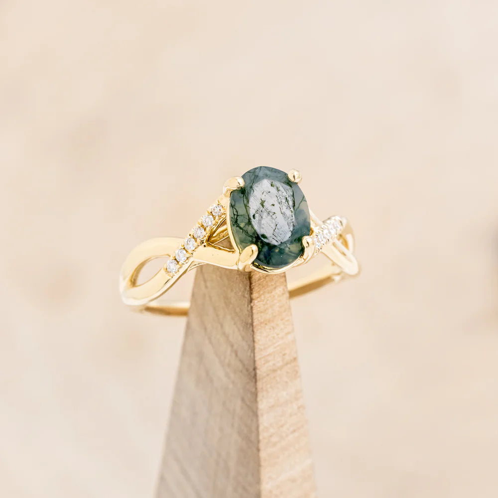 "ROSLYN" - OVAL MOSS AGATE ENGAGEMENT RING WITH DIAMOND ACCENTS - READY TO SHIP-Staghead Designs