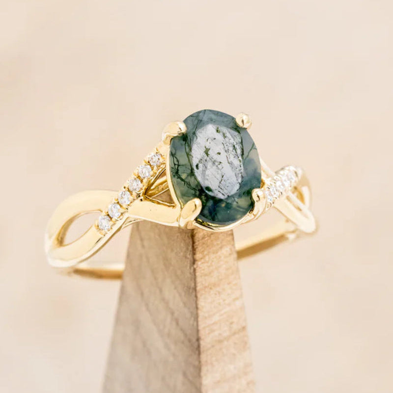"ROSLYN" - OVAL MOSS AGATE ENGAGEMENT RING WITH DIAMOND ACCENTS - READY TO SHIP-Staghead Designs