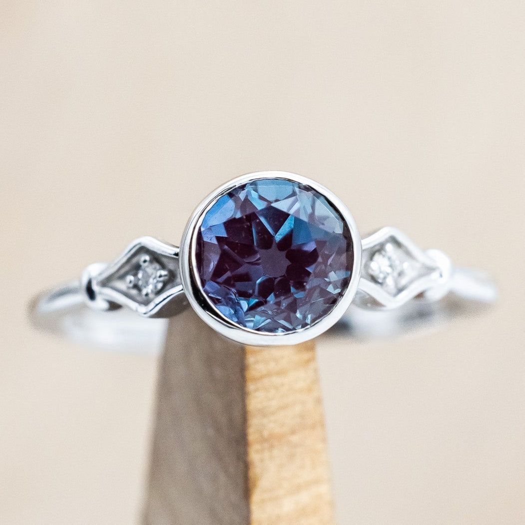 ROUND CUT LAB-GROWN ALEXANDRITE ENGAGEMENT RING WITH DIAMOND ACCENTS-Staghead Designs