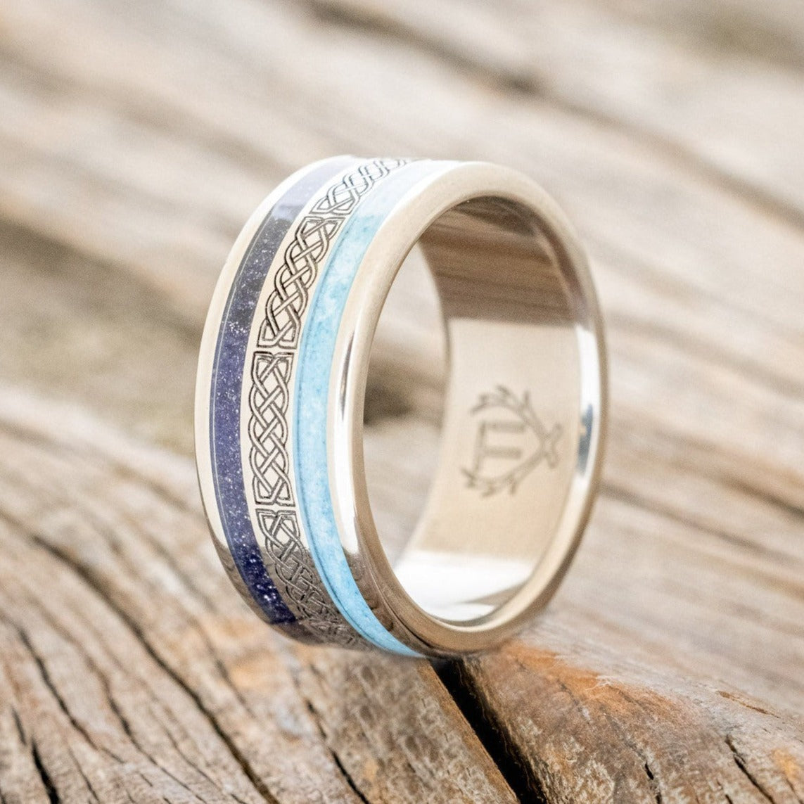 "RYDER" - CELTIC KNOT ENGRAVED, TURQUOISE & BLUE GOLDSTONE WEDDING RING-1