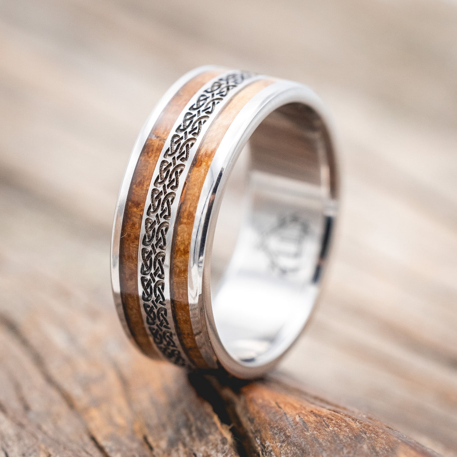 "RYDER" - CELTIC LOVE KNOT ENGRAVED & WHISKEY BARREL OAK WEDDING RING-Staghead Designs