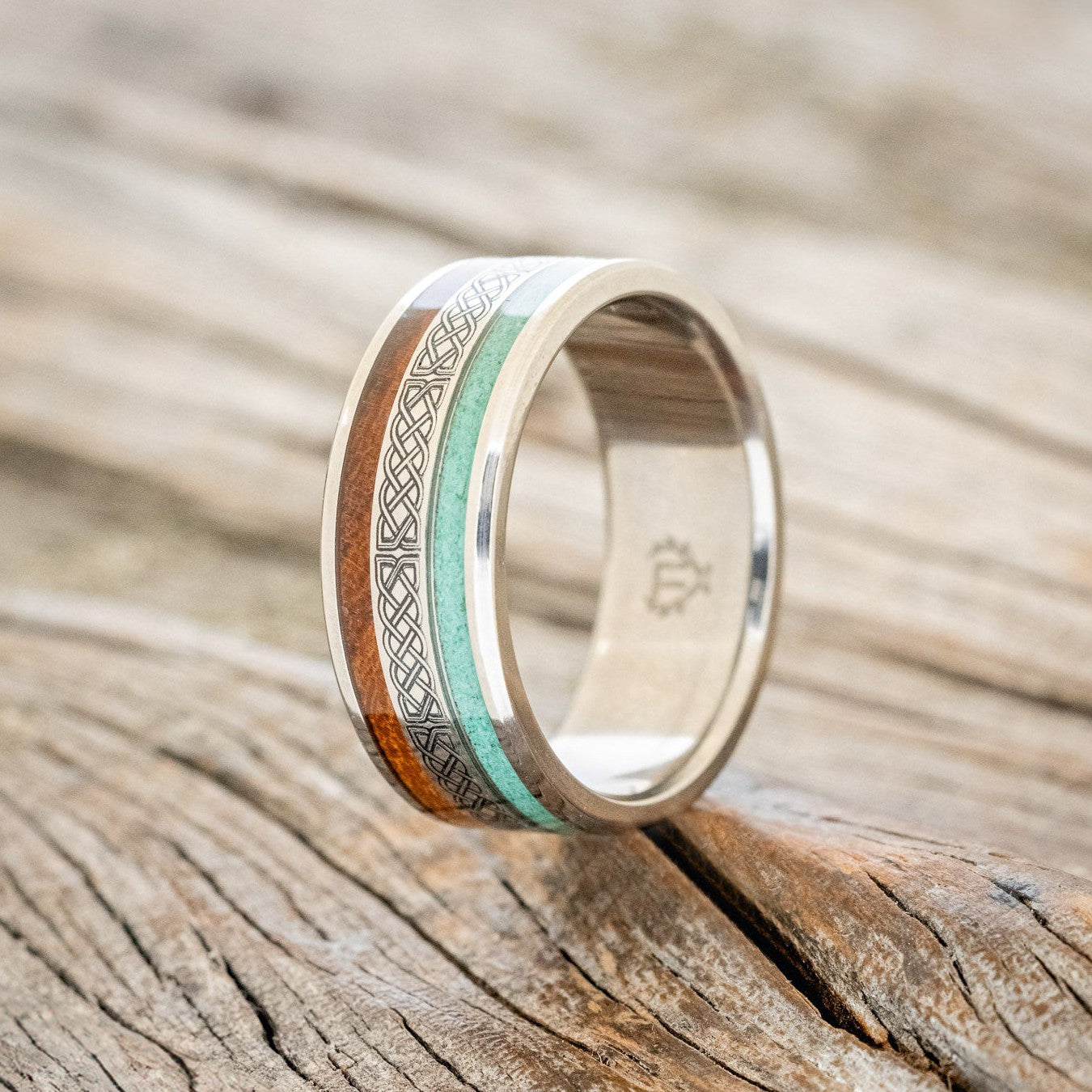 "RYDER" - CELTIC SAILOR'S KNOT ENGRAVED, MALACHITE & IRONWOOD WEDDING RING-1