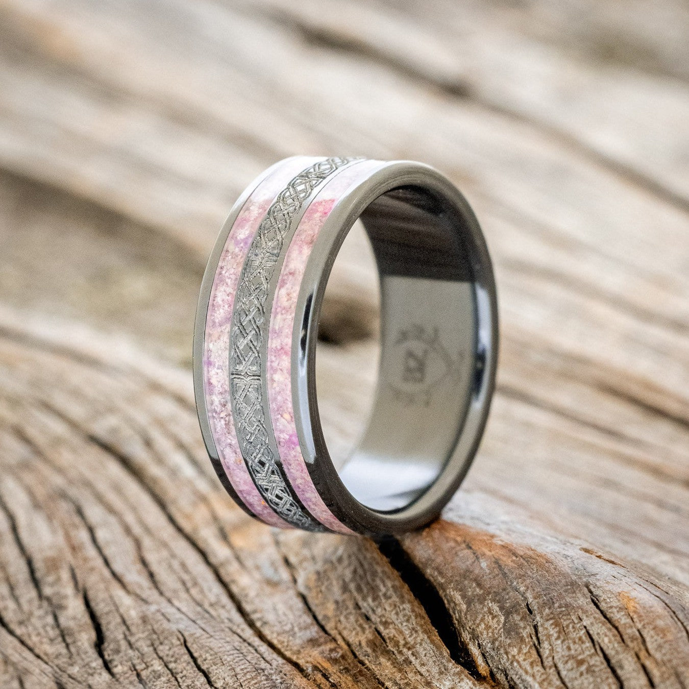 "RYDER" - CELTIC SAILOR'S KNOT ENGRAVED WEDDING RING WITH SUGILITE INLAYS-1