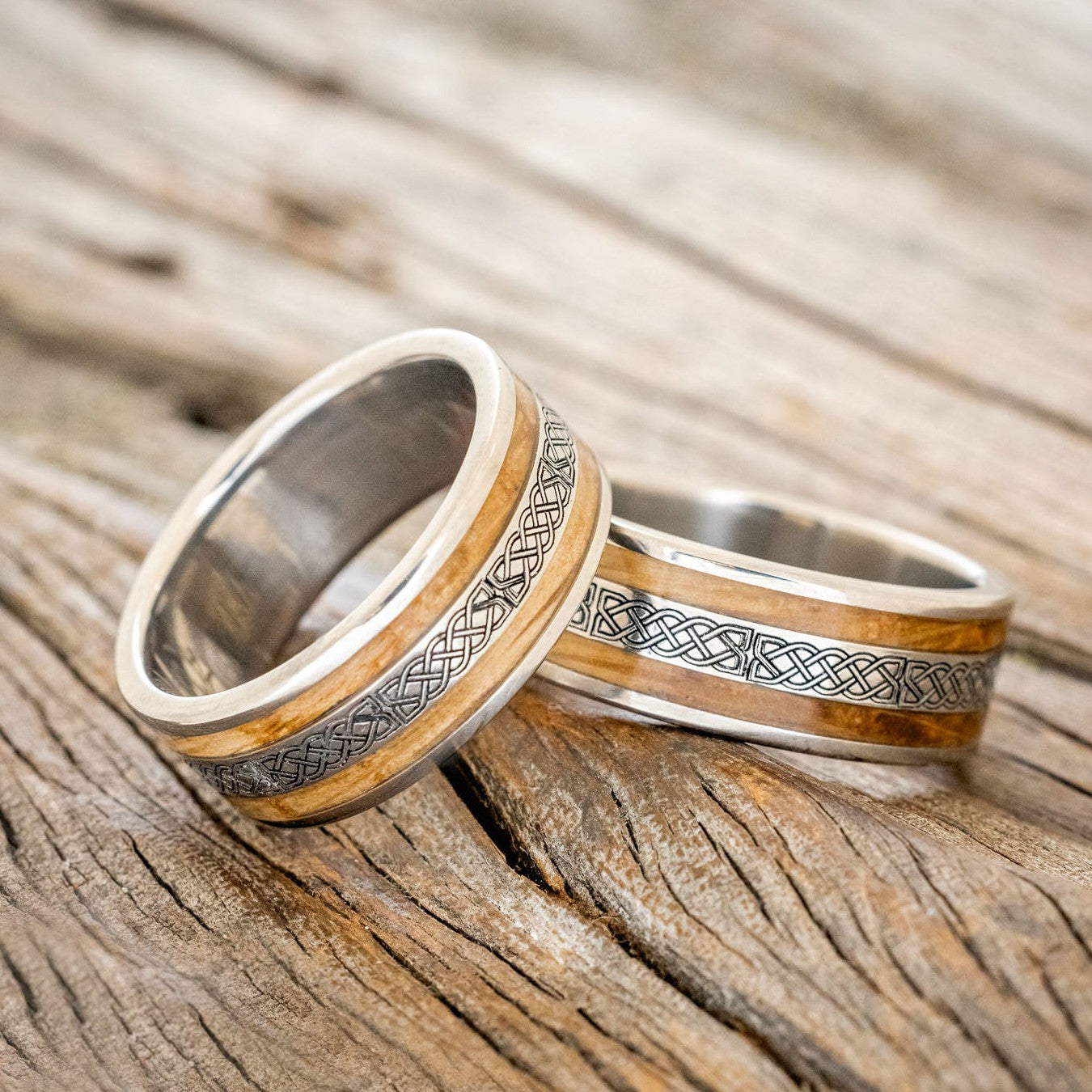 "RYDER" - CELTIC SAILOR'S KNOT ENGRAVED & WHISKEY BARREL MATCHING WEDDING BANDS-1