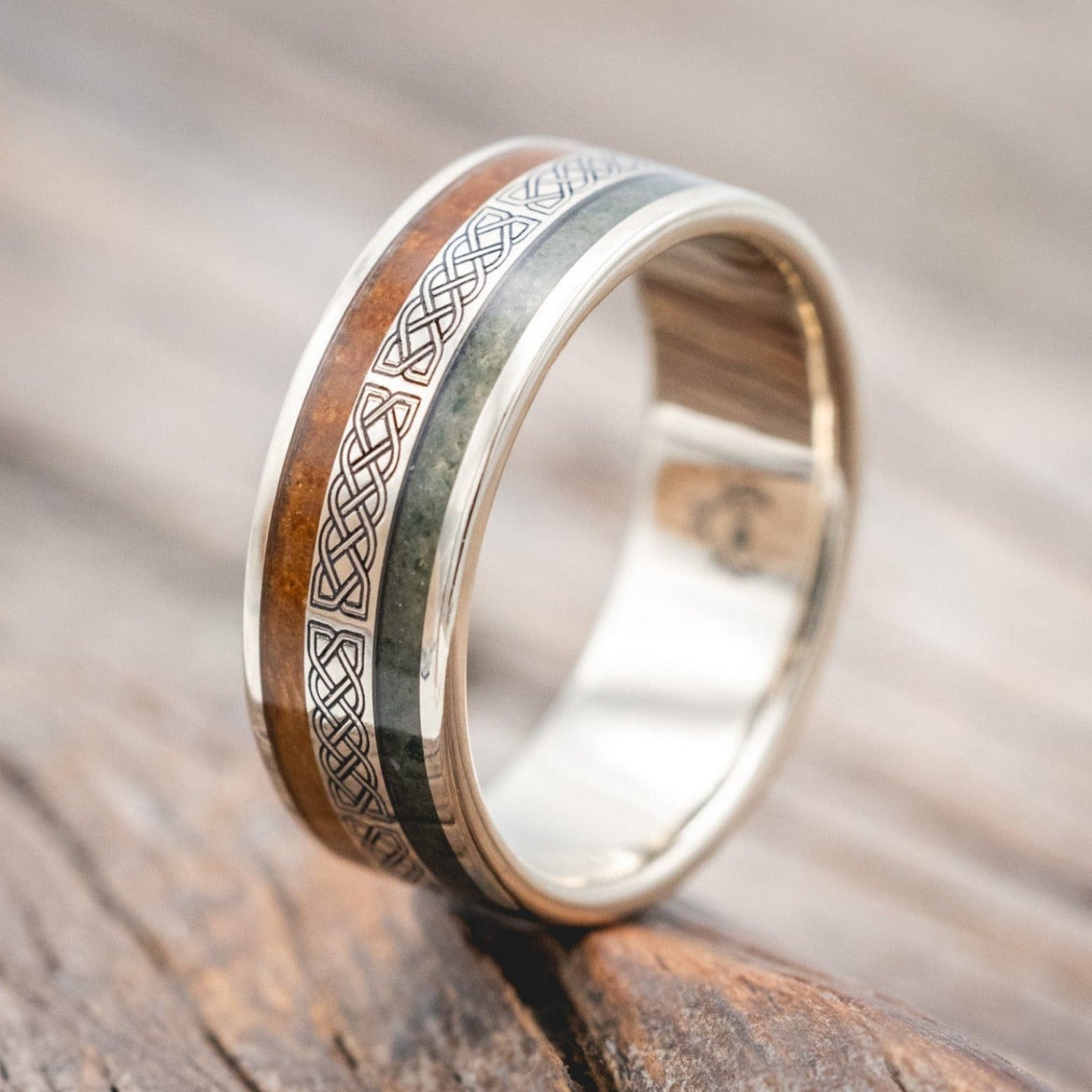 "RYDER" - CELTIC SAILOR'S KNOT ENGRAVED WITH WHISKEY BARREL & MOSS AGATE WEDDING RING-Staghead Designs