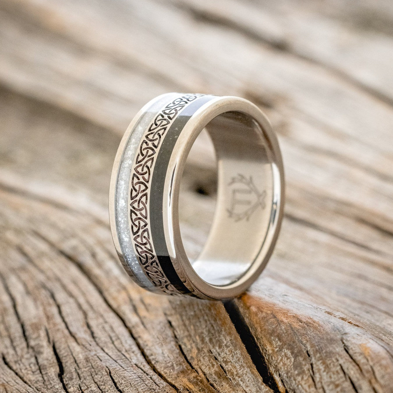 "RYDER" - CELTIC TRIQUETRA KNOT ENGRAVED, DIAMOND DUST & JET STONE WEDDING RING-1