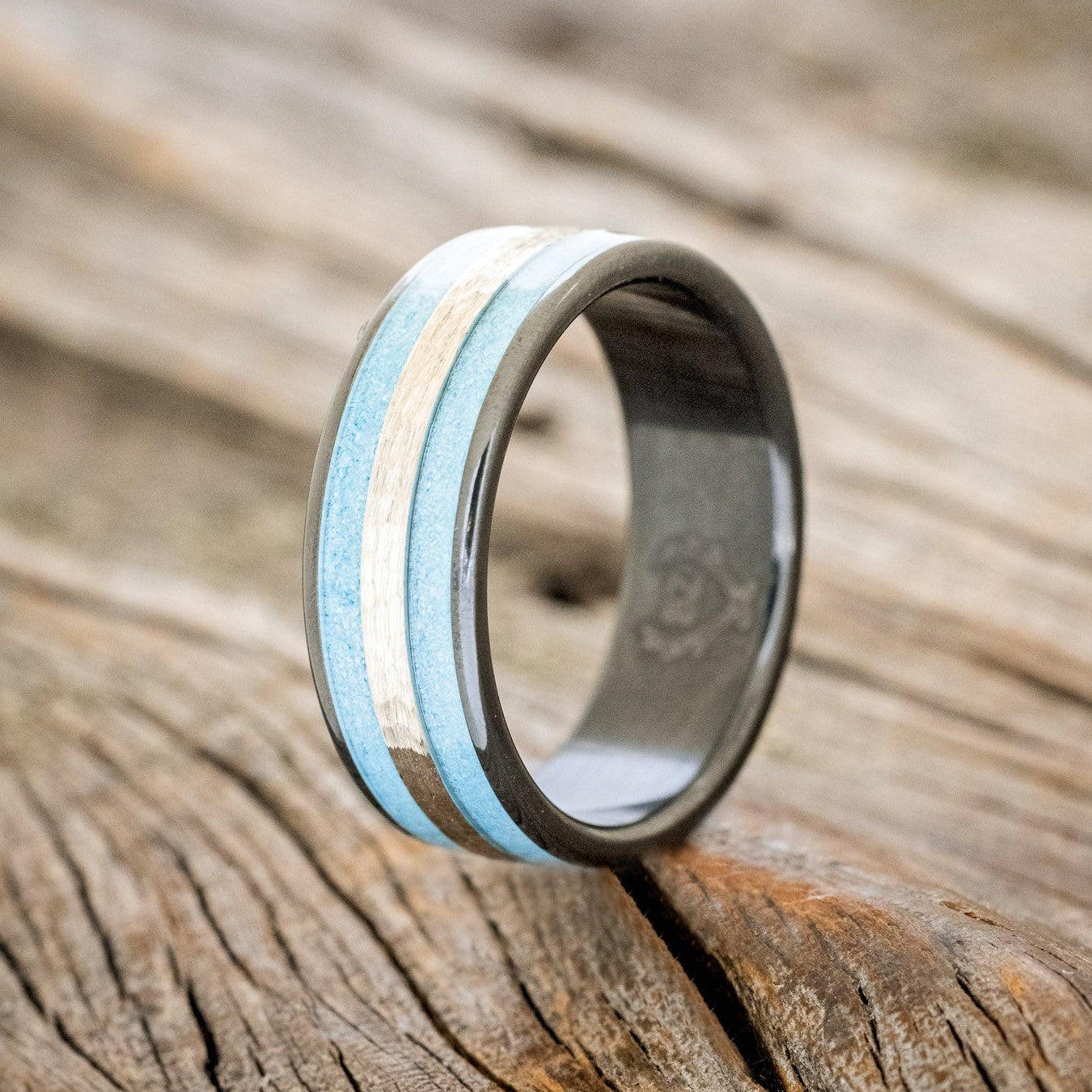 "RYDER" - TURQUOISE & HAMMERED 14K GOLD INLAY WEDDING RING-1