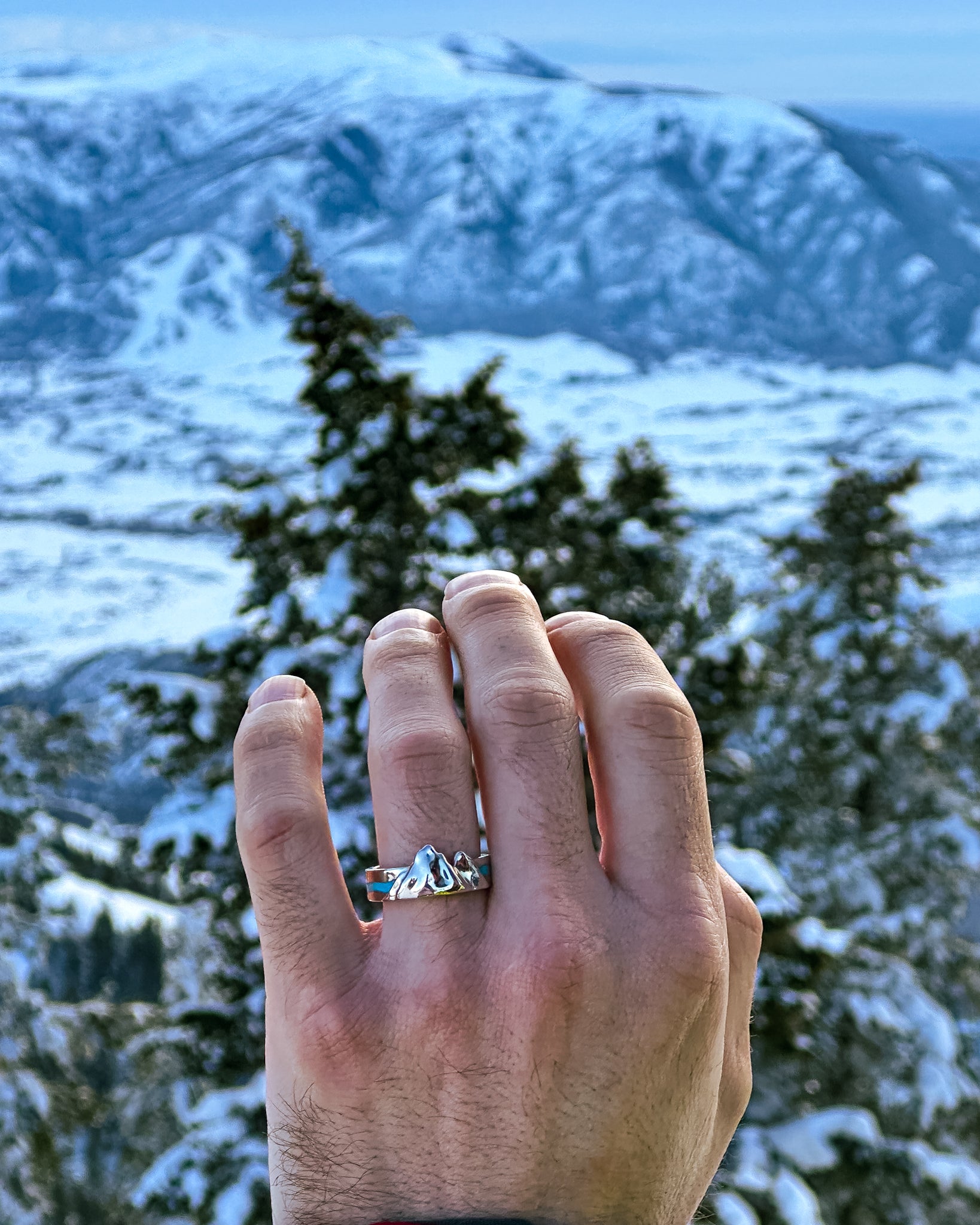 "REINHOLD" - MOUNTAIN RANGE WEDDING BAND WITH TURQUOISE RIVER-5
