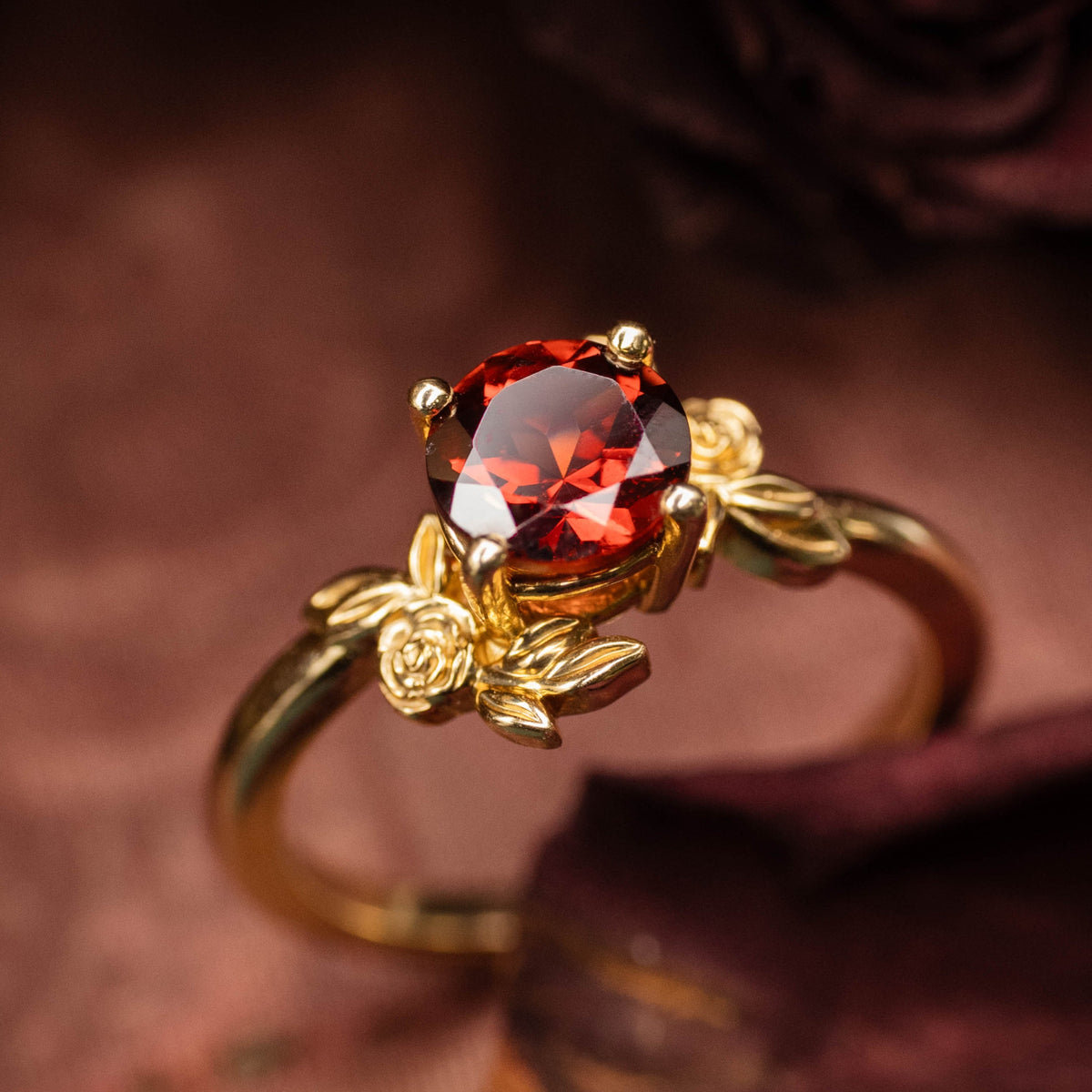 "ROSA" - MOZAMBIQUE GARNET ENGAGEMENT RING WITH FLOWER ACCENTS-Staghead Designs