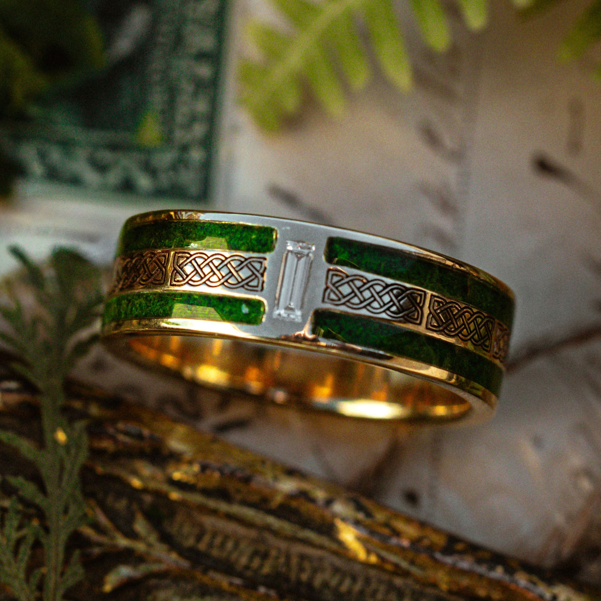 "Ryder" - Celtic Sailor's Knot Engraved Wedding Ring With Lab-Grown Diamond Accent & Moss Inlays-Staghead Designs