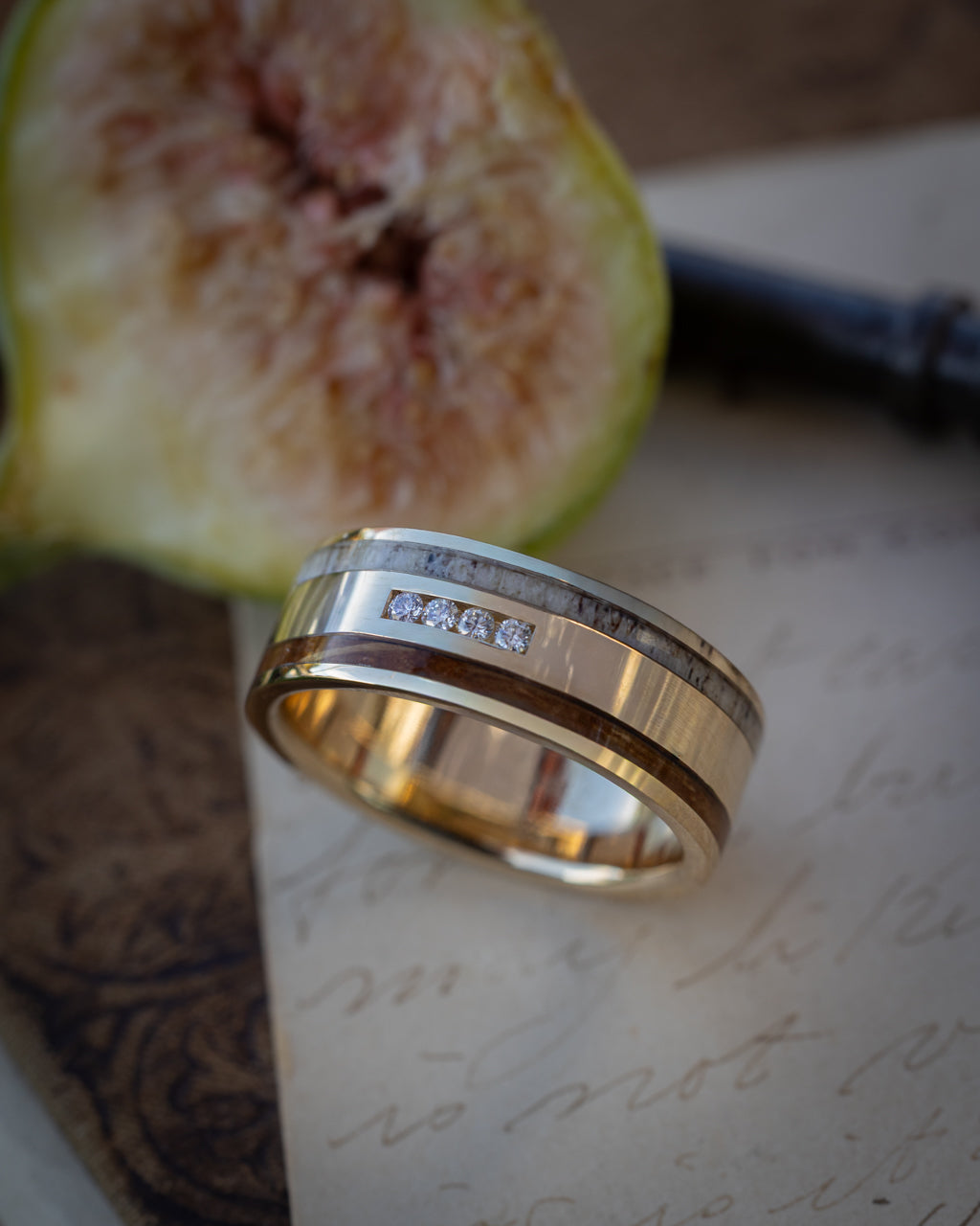 "Ryder" - Diamonds, Whiskey Barrel & Antler Wedding Band-Staghead Designs
