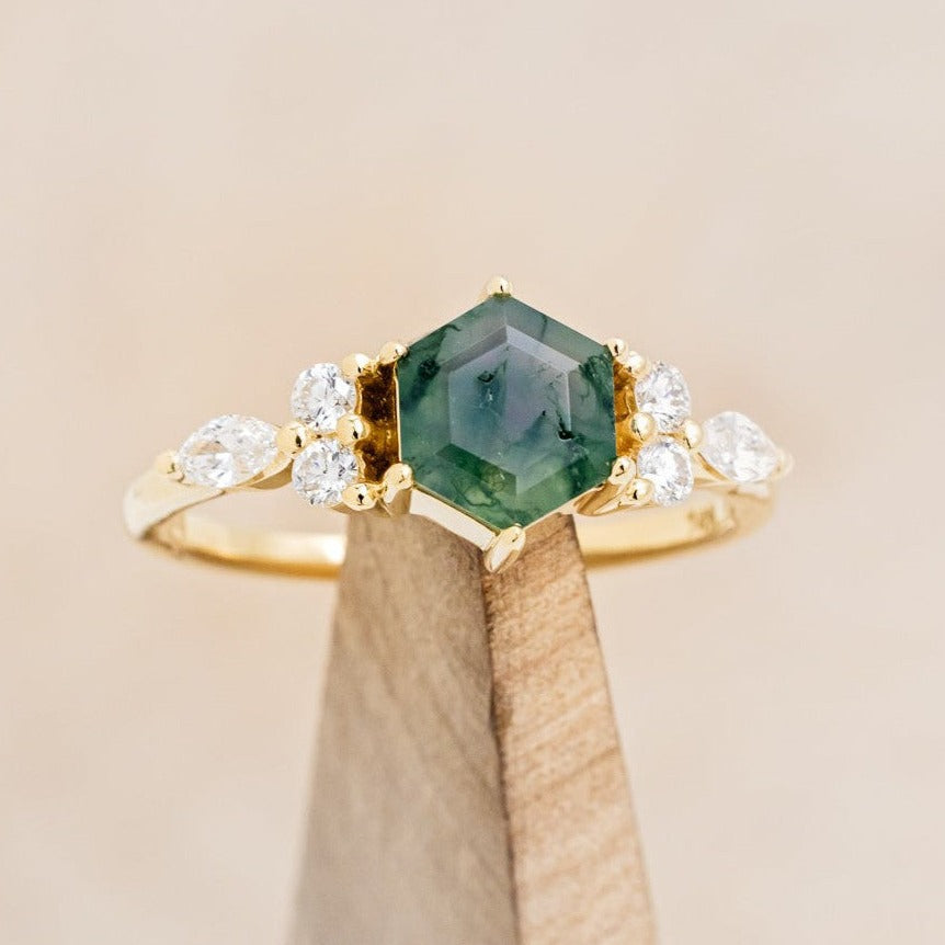 "SAGE" - HEXAGON MOSS AGATE ENGAGEMENT RING WITH DIAMOND ACCENTS-1