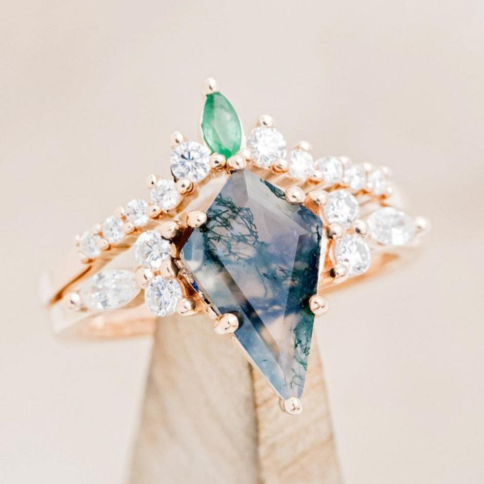 "SAGE" - KITE CUT MOSS AGATE ENGAGEMENT RING WITH DIAMOND ACCENTS & EMERALD TRACER-1