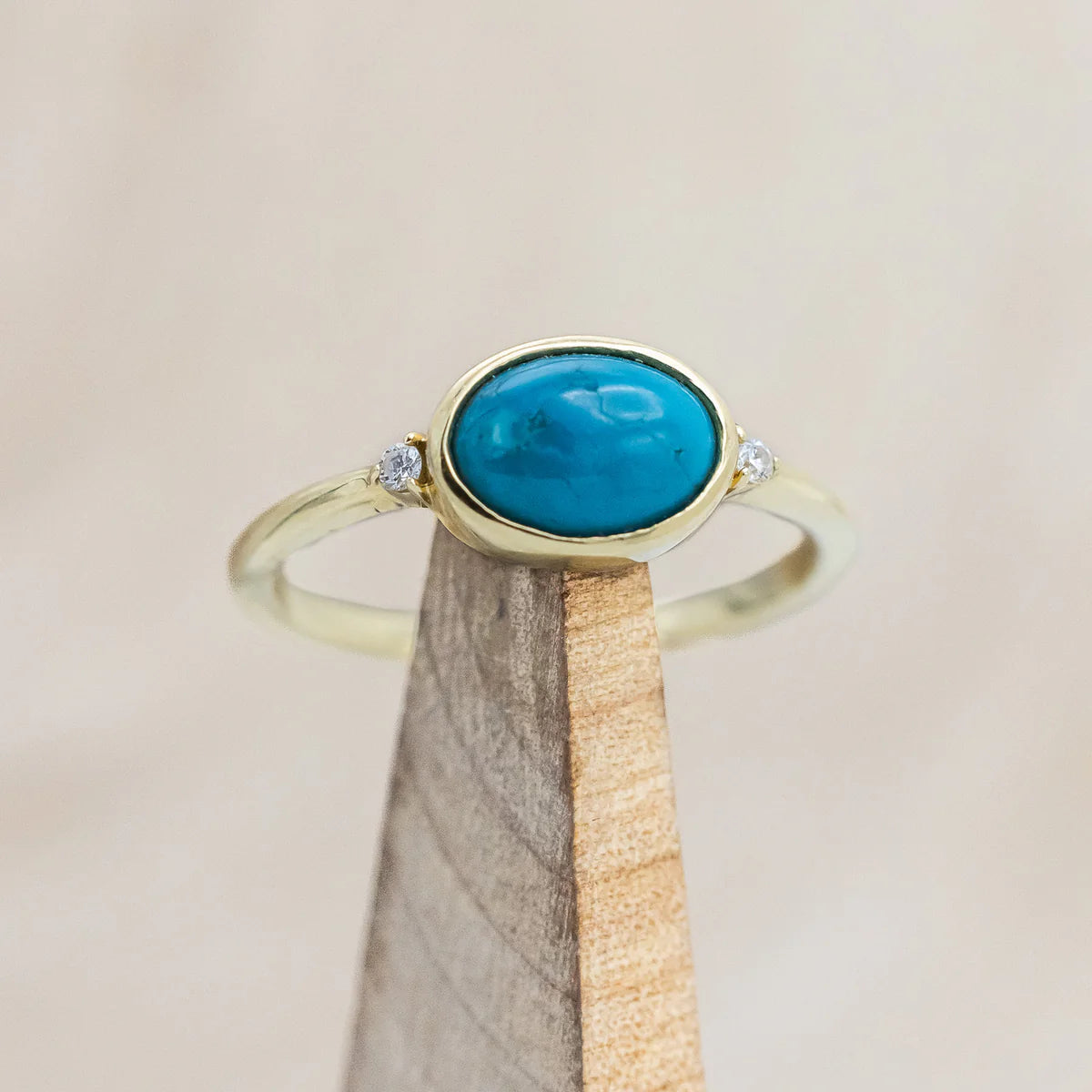 "SASI" - OVAL CABOCHON CUT TURQUOISE ENGAGEMENT RING WITH DIAMOND ACCENTS - 14K YELLOW GOLD - SIZE 6-Staghead Designs