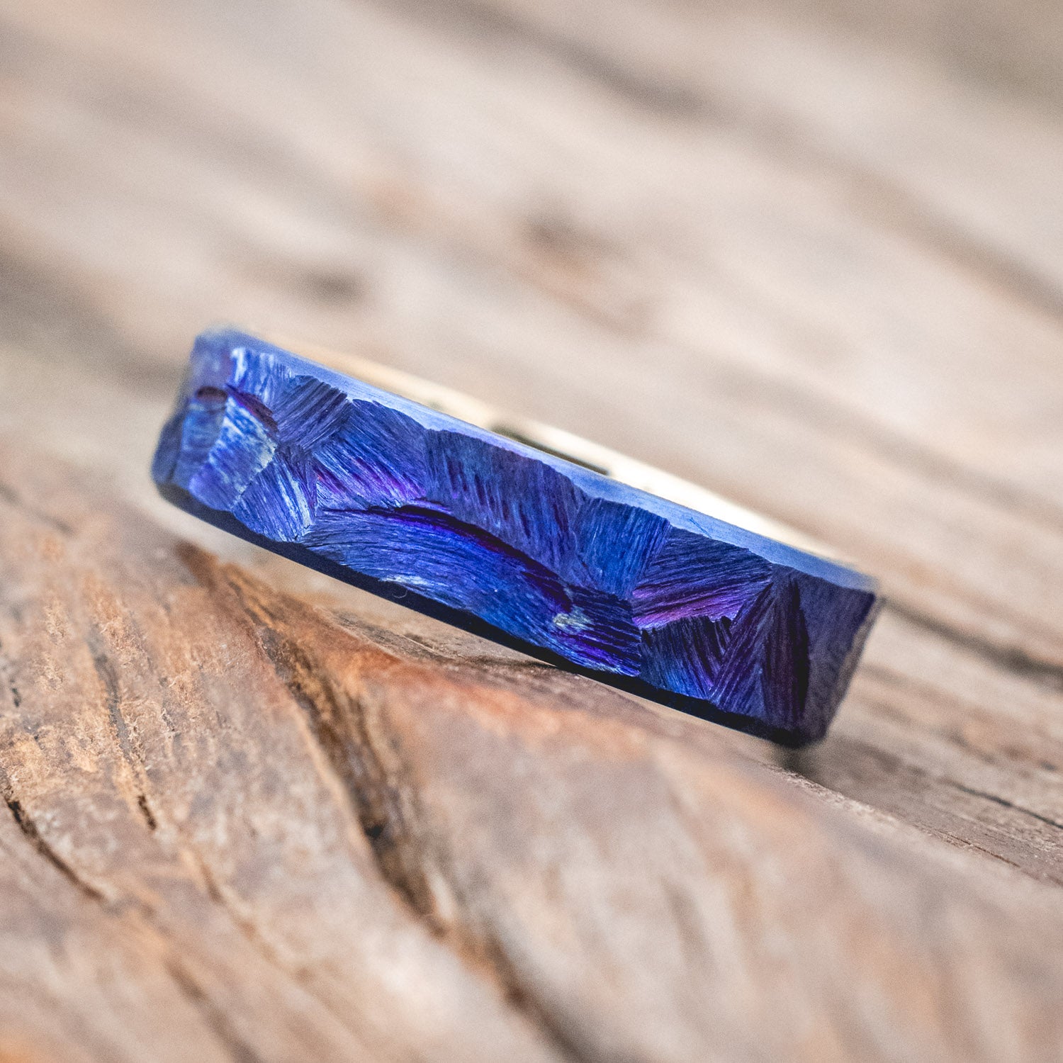 SEASCAPED FINISH & FIRE-TREATED TITANIUM WEDDING RING FEATURING A 14K GOLD BAND-Staghead Designs