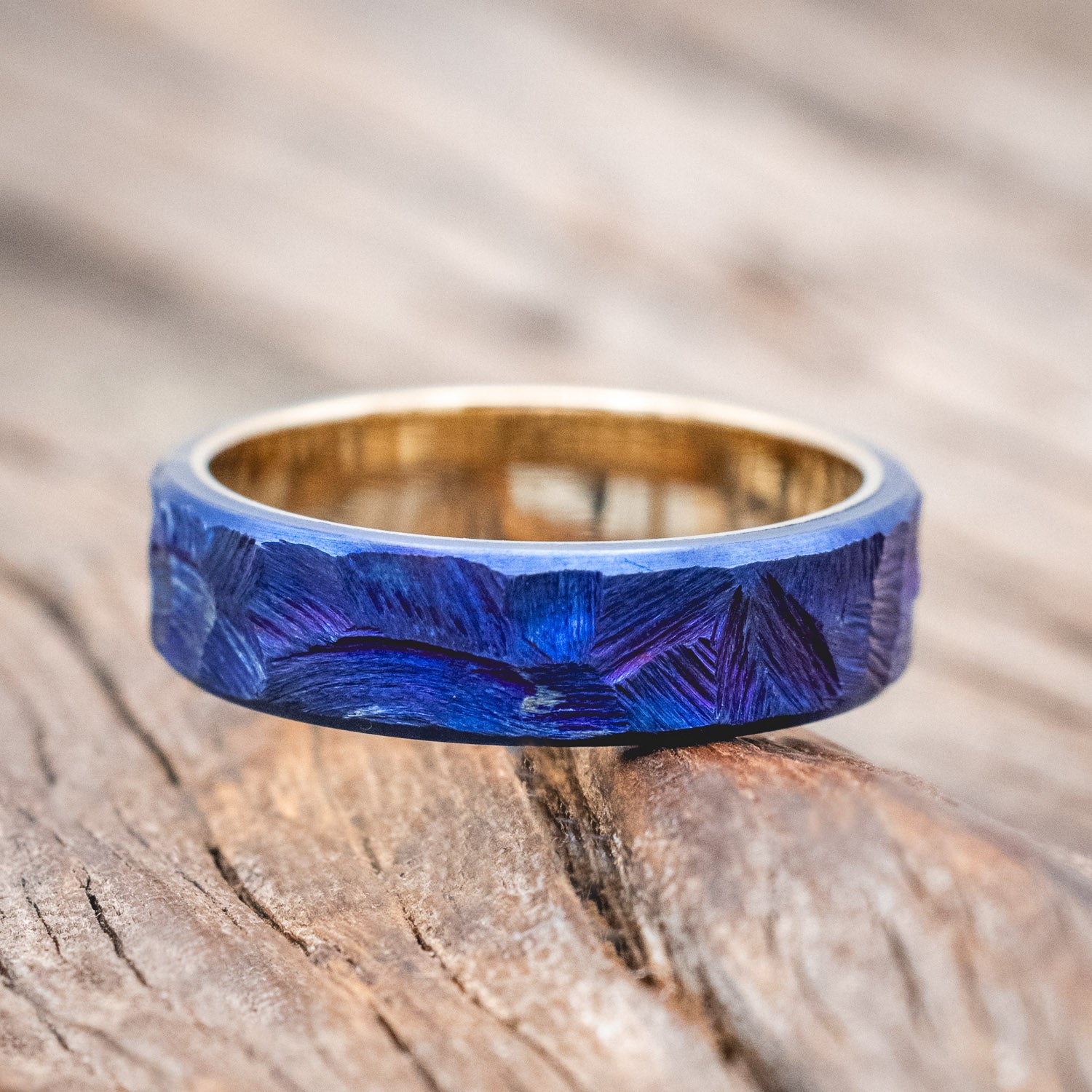SEASCAPED FINISH & FIRE-TREATED TITANIUM WEDDING RING FEATURING A 14K GOLD BAND-Staghead Designs