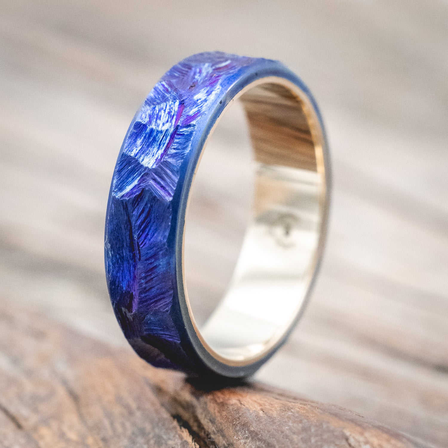 SEASCAPED FINISH & FIRE-TREATED TITANIUM WEDDING RING FEATURING A 14K GOLD BAND-Staghead Designs