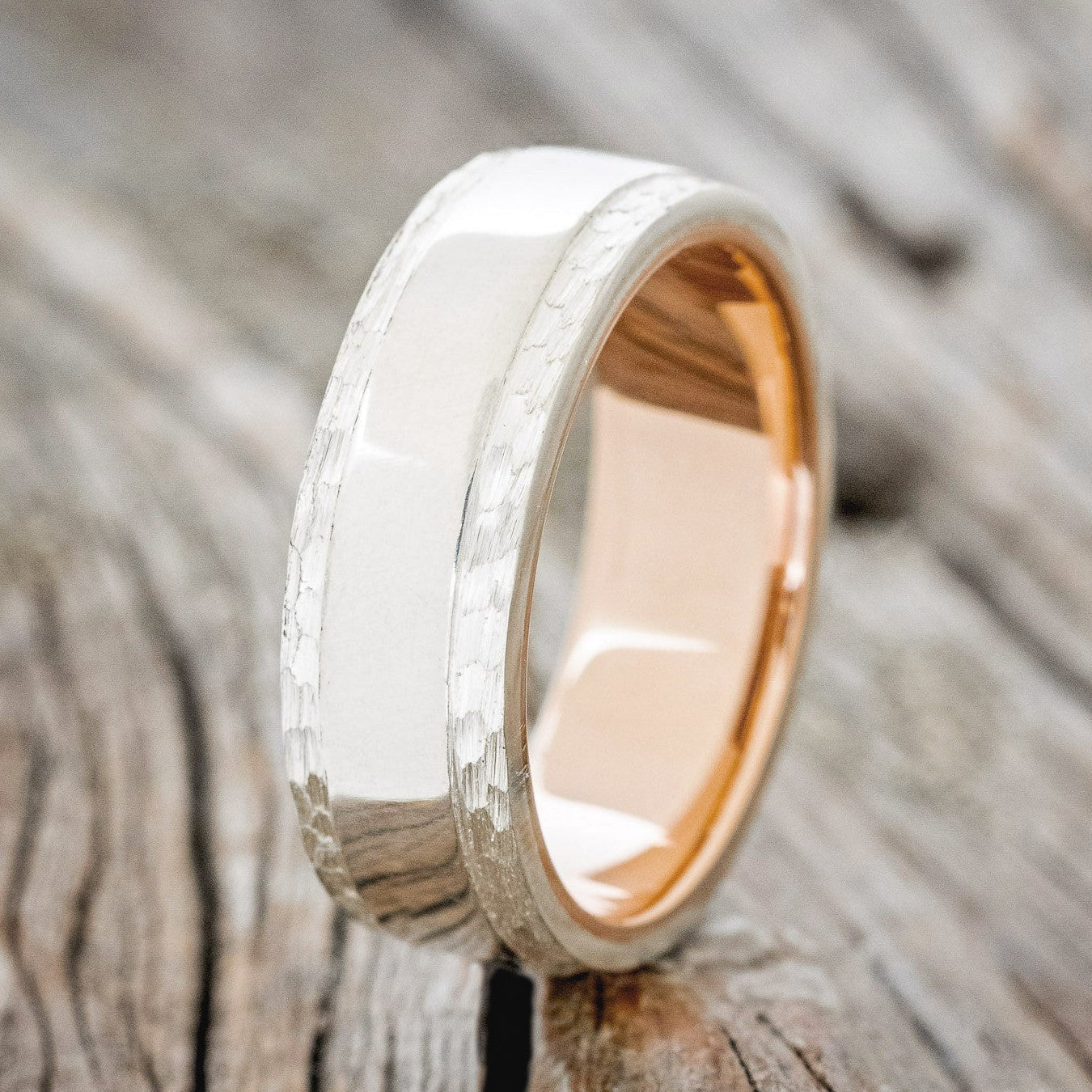 "SEDONA" - RAISED CENTER & HAMMERED EDGES WEDDING RING FEATURING A 14K GOLD LINED BAND-1