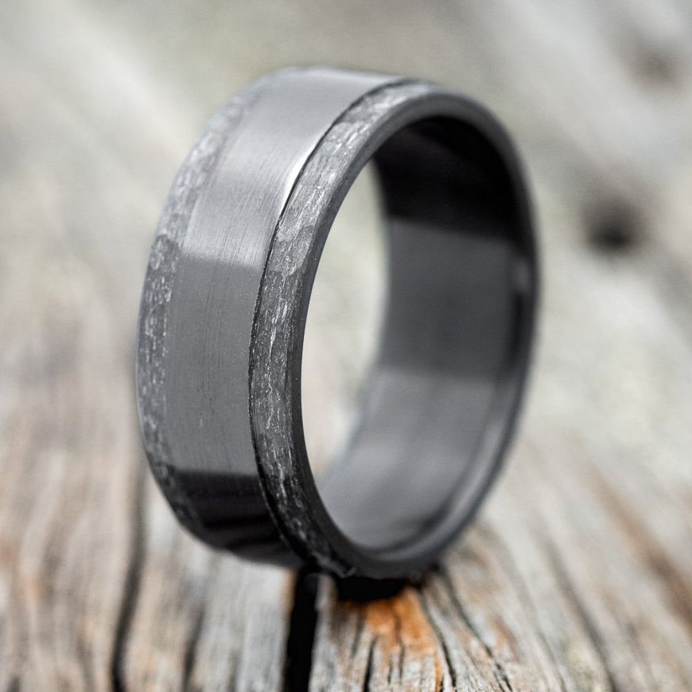 "SEDONA" - RAISED CENTER & HAMMERED EDGES WEDDING RING FEATURING A BLACK ZIRCONIUM BAND - READY TO SHIP-1
