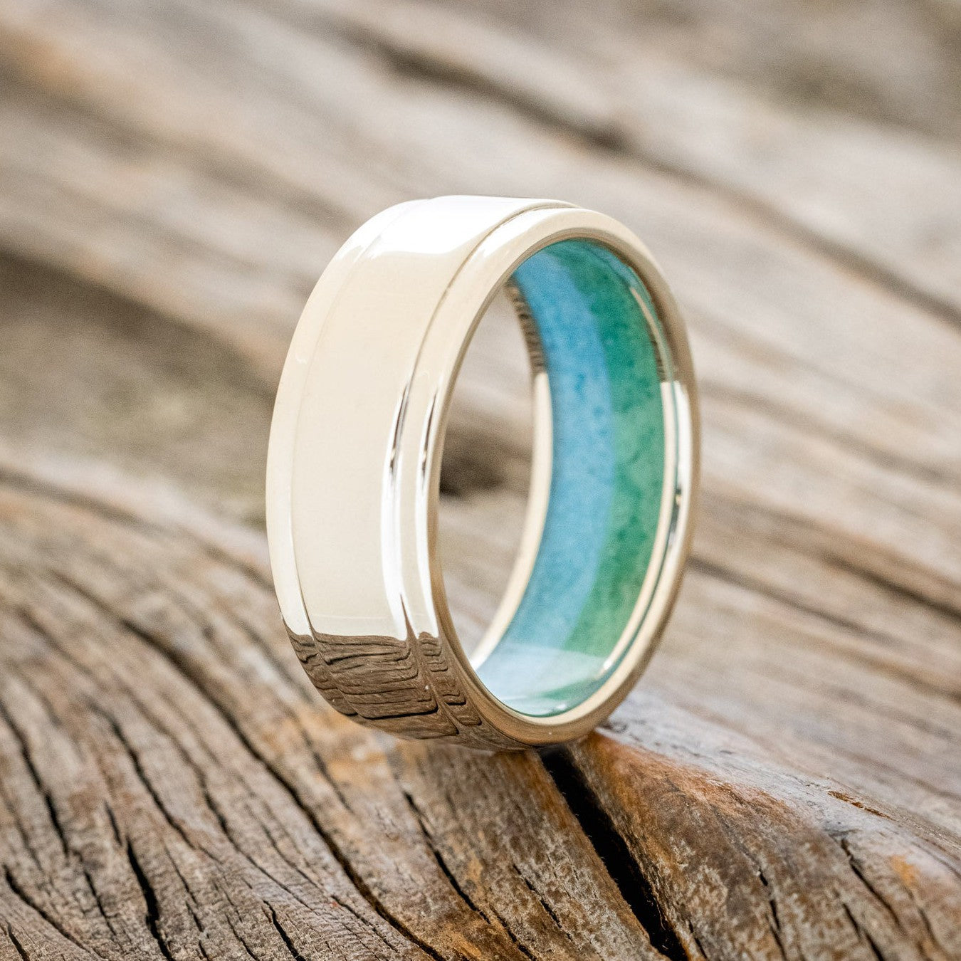 "SEDONA" - RAISED CENTER WEDDING RING WITH A TURQUOISE & MALACHITE LINING-1