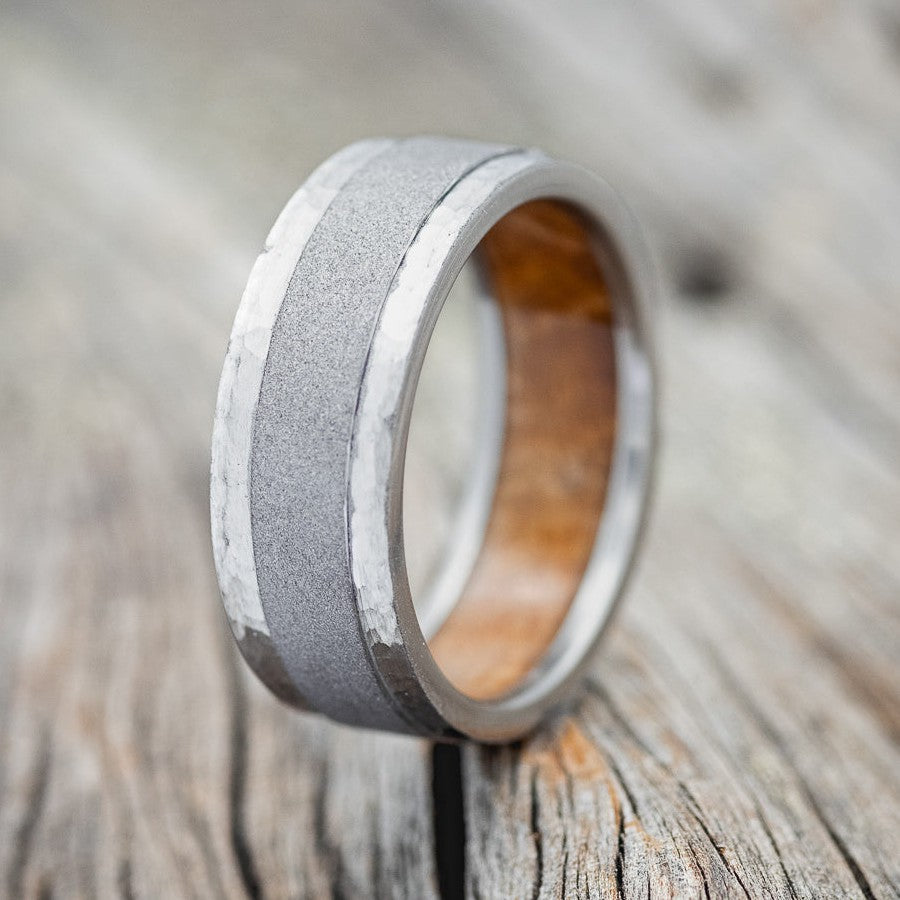 "SEDONA" - WHISKEY BARREL LINED WEDDING RING WITH HAMMERED EDGES & SANDBLASTED CENTER-1