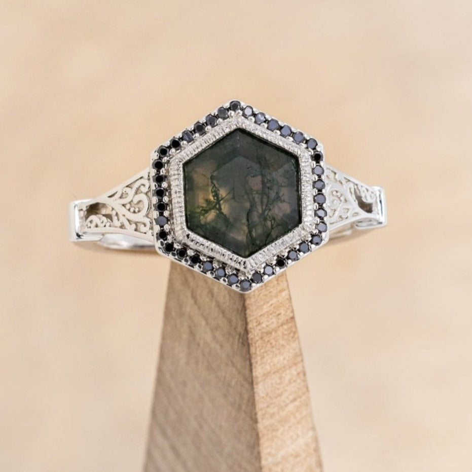 "SELENE" - CUSTOM HEXAGON MOSS AGATE ENGAGEMENT RING WITH A BLACK DIAMOND HALO, FILIGREE, MOON MOTIFS & ENGRAVINGS-1
