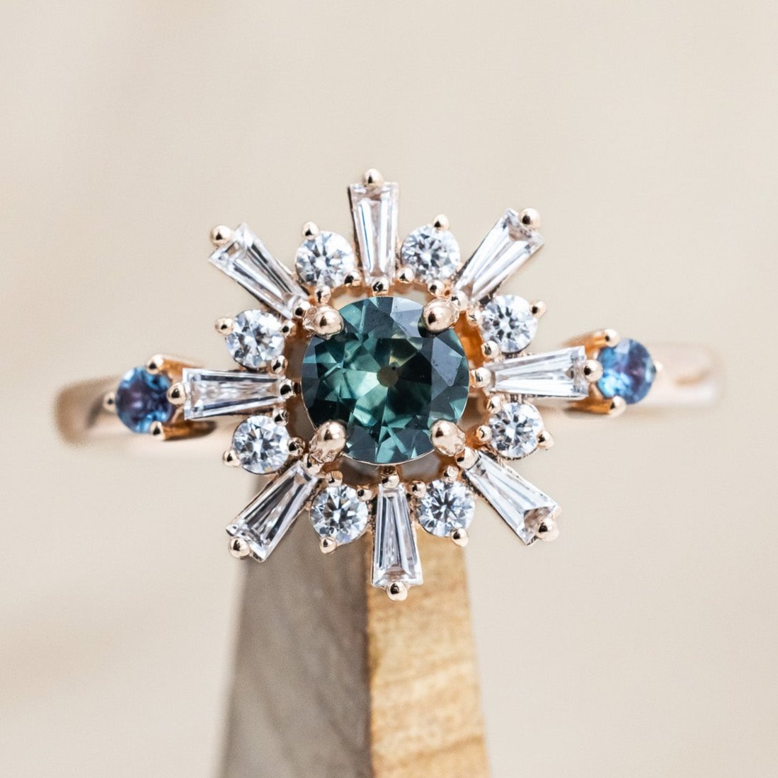 "SEREN" - ROUND CUT MONTANA SAPPHIRE ENGAGEMENT RING WITH DIAMOND HALO & SIDE LAB-GROWN ALEXANDRITE ACCENTS-Staghead Designs