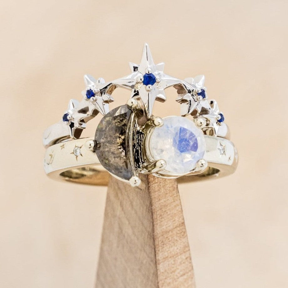 "SIDRA" - TOI ET MOI ROUND MOONSTONE ENGAGEMENT RING WITH A CRESCENT MOON SALT & PEPPER DIAMOND ACCENT & TRACER-1