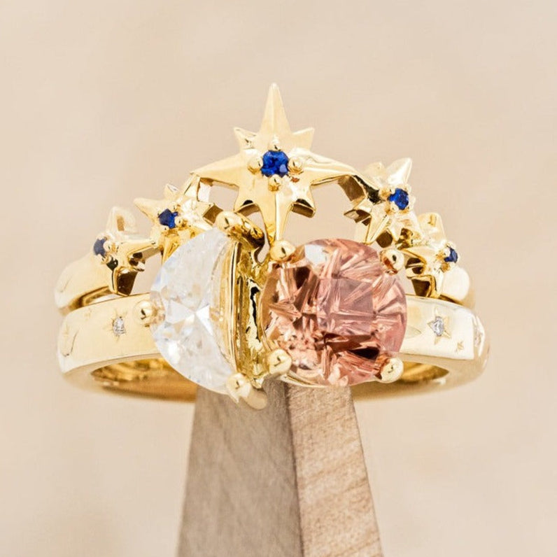 "SIDRA" - TOI ET MOI ROUND OREGON SUNSTONE ENGAGEMENT RING WITH A CRESCENT MOON MOISSANITE ACCENT & TRACER-1