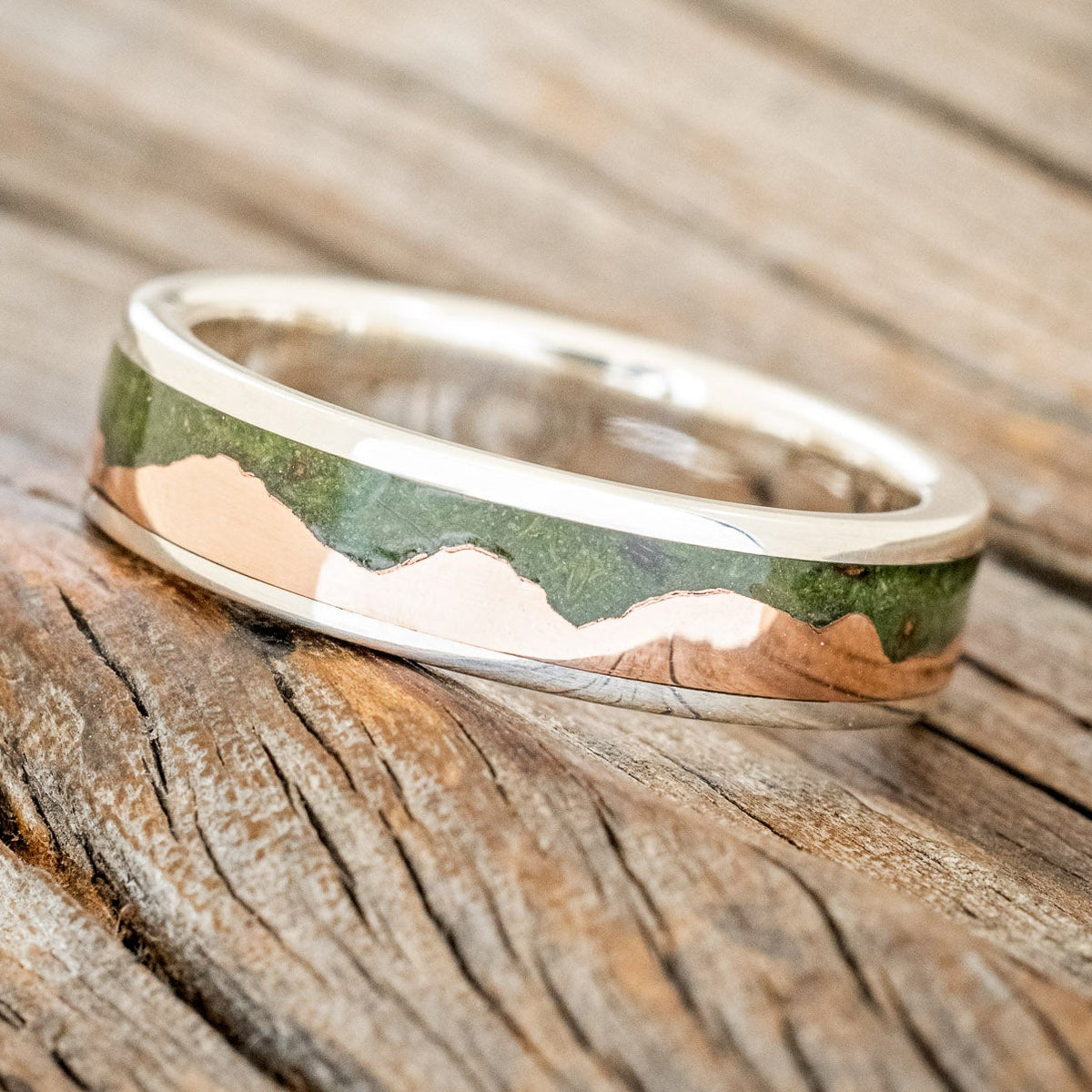 "HELIOS" - MOSS & 14K GOLD MOUNTAIN RANGE WEDDING BAND-11