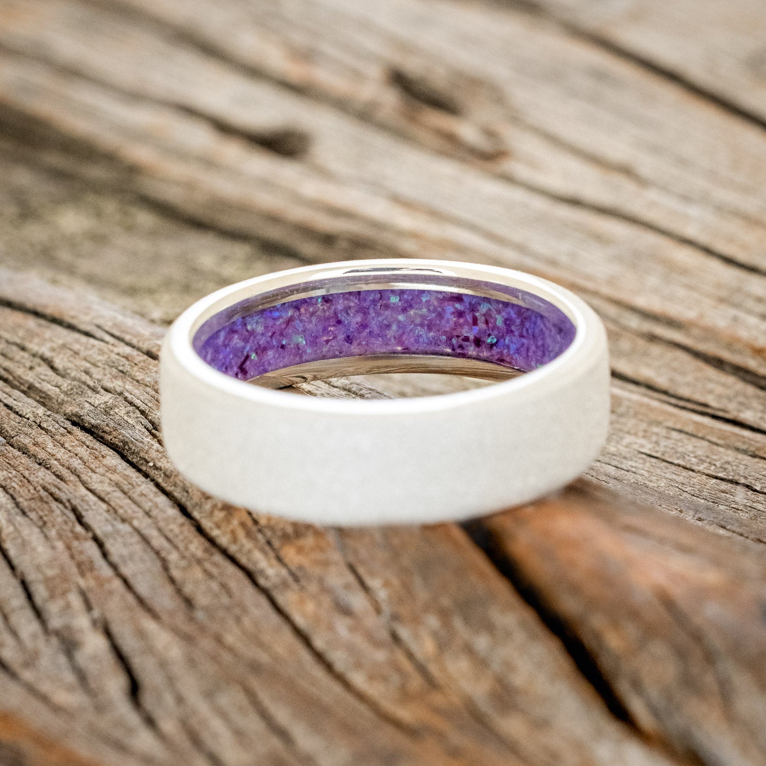LAVENDER OPAL LINED WEDDING BAND WITH A SANDBLASTED FINISH-12
