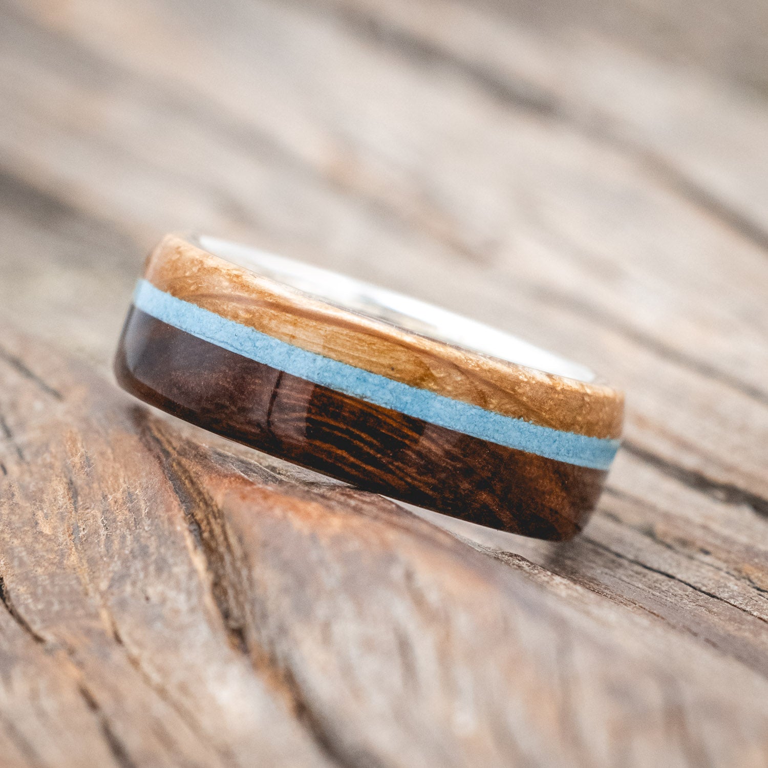 "ARGOS" - IRONWOOD, TURQUOISE & WHISKEY BARREL OAK WEDDING RING-Staghead Designs